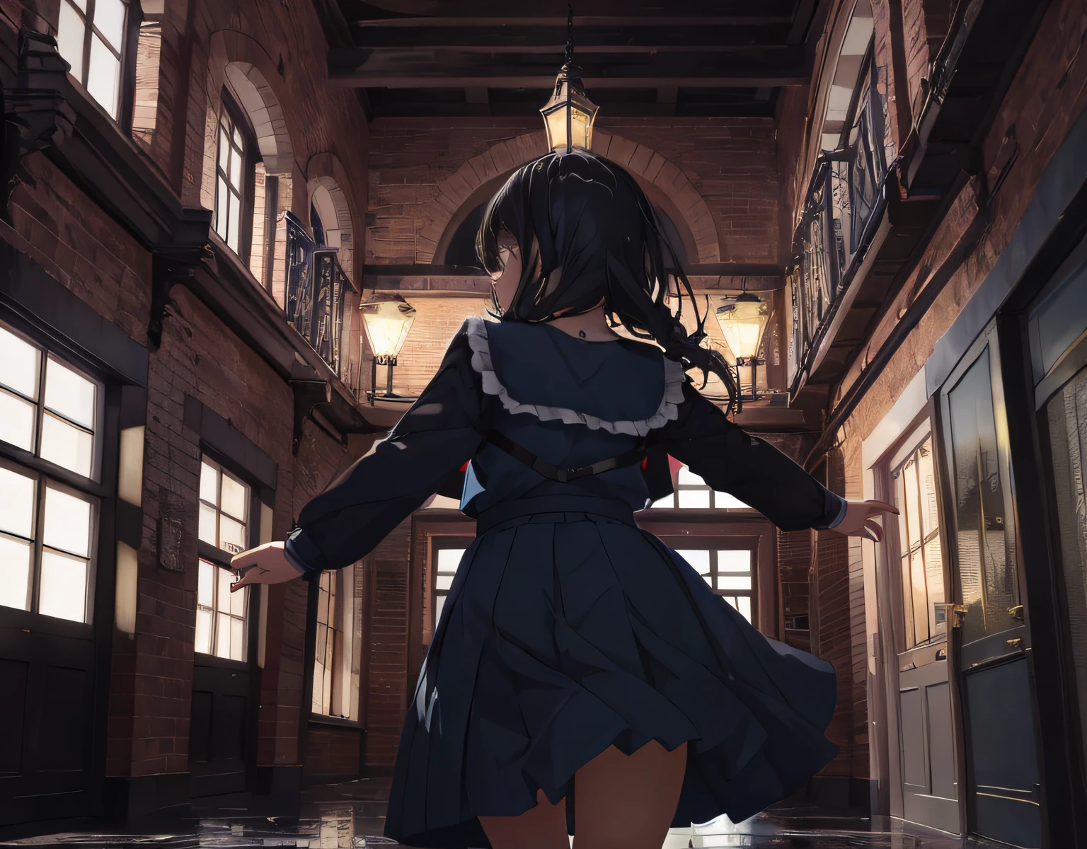 masterpiece, best quality, ultra-detailed, illustration, an extremely delicate and beautiful, cute, girl, energetic, active, anime, 1girl, cute, soft lighting, black hair, labyrinth, Mysterious world, Alice, night, rain outside the window, lanthanum, search, adventure, run away, chased, woman with black hair and blue eyes, dark blue colored skirt, intricate building, complex architecture, dynamic angle, cinematic angle, indoor , wide shot, run, huge building, dark and light, troubled eyebrows, scared, anguish