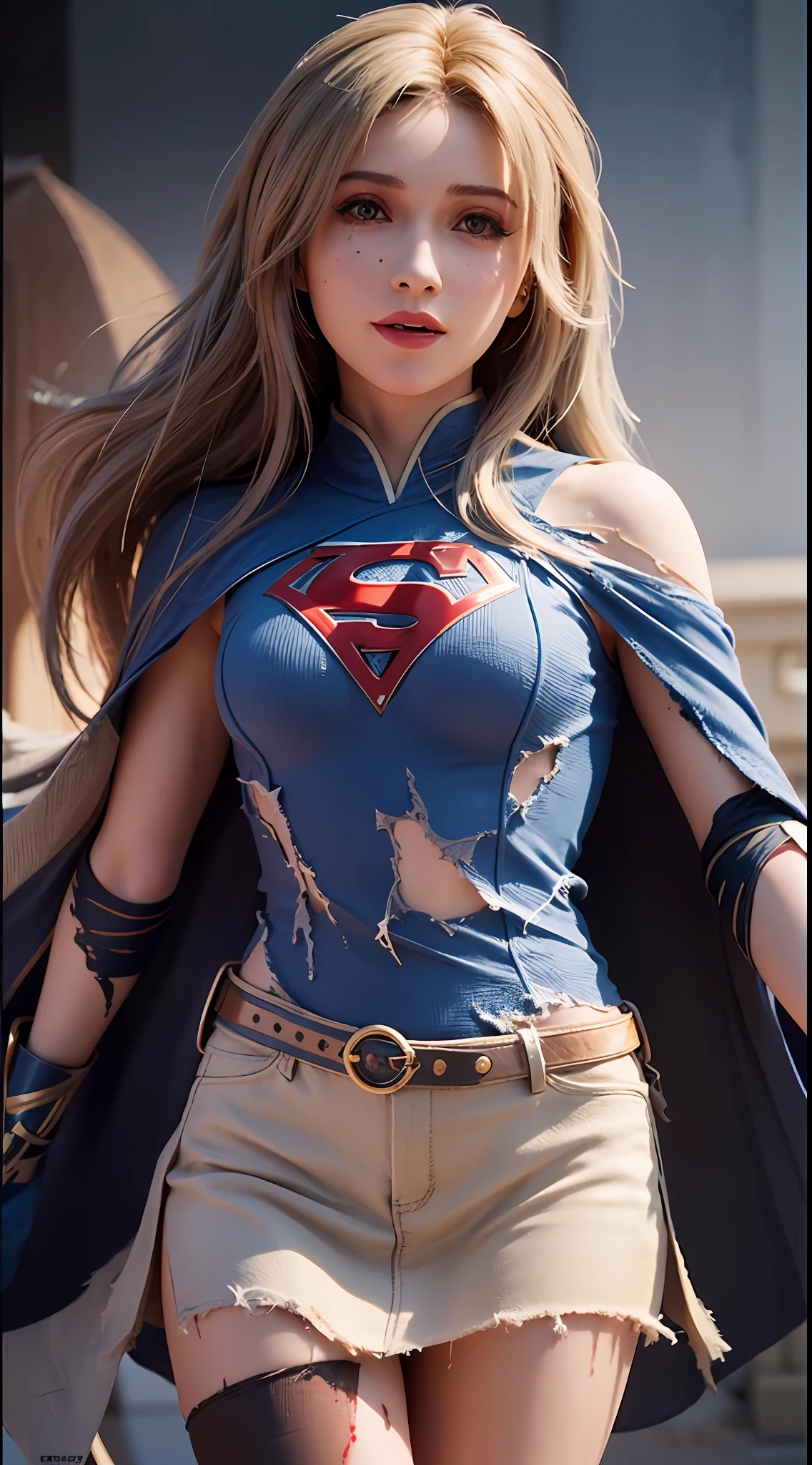 8k, best quality, real picture, intricate details, ultra-detailed, ultra highres, depth field,(photorealistic,realistic:1.2),masterpiece,photo of  european girl, supergirl, (bruise, dirty, torn clothes, revealing clothes, blood:1.3), blue eyes, blonde hair, long hair, ripped cape, ripped pantyhose, superhero, solo, sun, blue sky,
best quality, realistic, photorealistic, (intricate details:1.2), (delicate detailed), (cinematic light), clear line, sharp focus, realistic face, detailed face,
unity 8k wallpaper, ultra high res, (photorealistic:1.4), looking at viewer