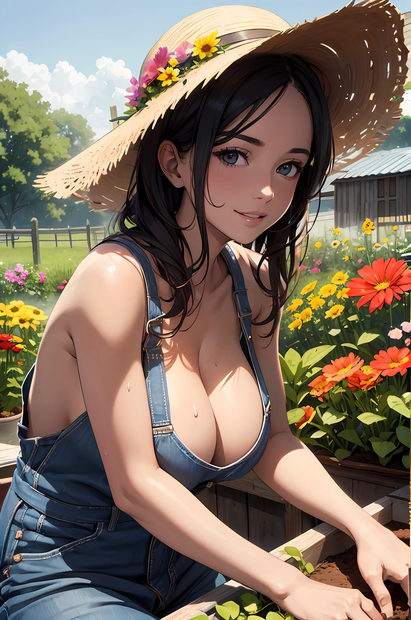 woman, crouching, topless overall, big breasts, big farmer hat, gardening at the front yard, assorted flowers, sweat, smile, parted lips, soft lighting, clean lines, realism