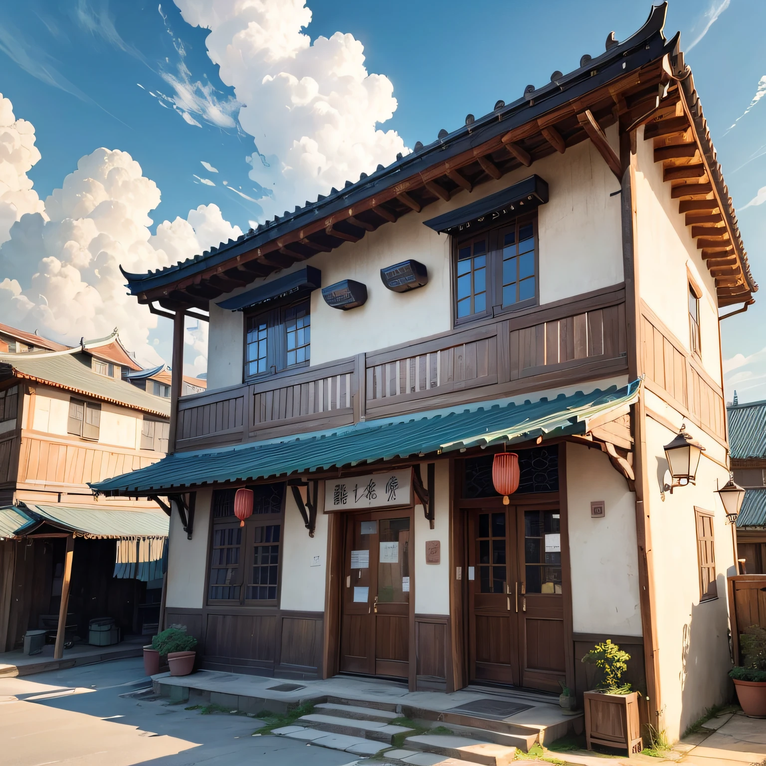 Ancient wind,Quaint,Chinese,Restaurant hostel,The exterior of the entire building,wood,multi-layer,4 storeys high,with blue sky and white clouds