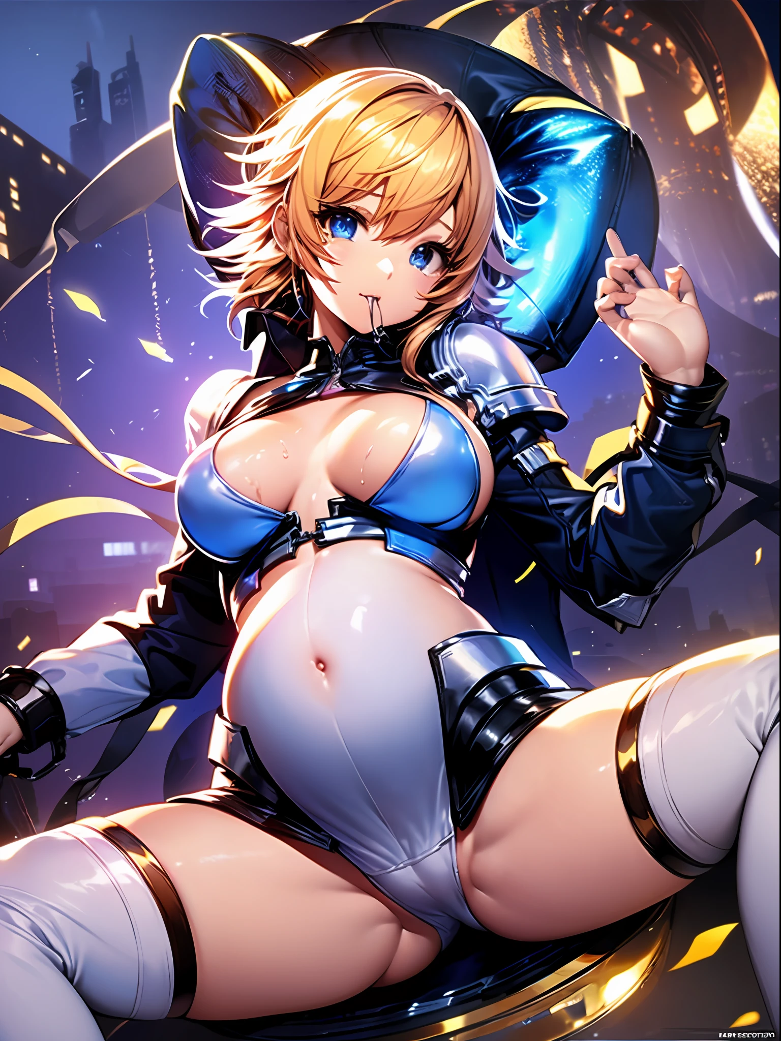 NSFW, Masterpiece, Best quality, hyper HD, Highest resolution, Very detailed, Professional lighting, Anime, One girl, Slender, Very cute, Young face, hands restrained, Armored dress, Blue and white armor, White panties, golden decorations, ripped clothing, Wet clothes, (Sheer clothes: 1.1), Fluffy breasts, Blonde hair, Blue eyes, Crying, with her mouth open, Tears, lying down, Open legs, raise leg, cleavage, (multiple goblins: 1.5), Pregnant belly，Pregnant belly