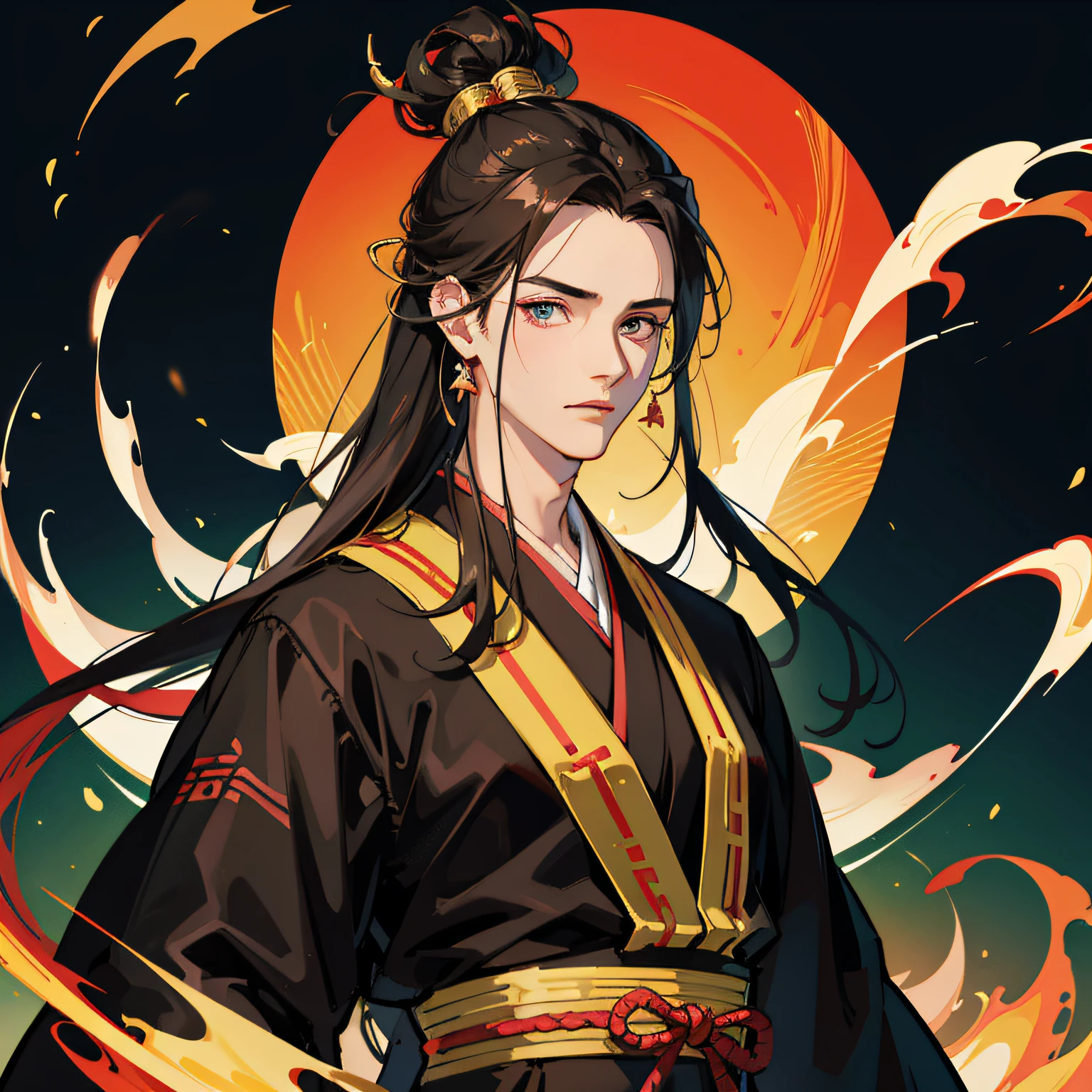 16k，hyper HD，Two-dimensional style，Classical Chinese men，Long black hair，Big eyes dark and bright，Wearing beautiful Hanfu，Face forward，Wear gorgeous blonde hair ornaments on your head，Height 195cm，Handsome and compelling。