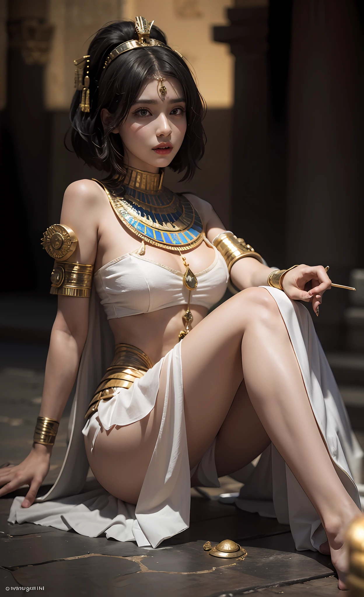 ((best qualtiy)), ((tmasterpiece)), (the detail:1.4), 3D,Complete body， Beautiful mature woman in ancient Egyptian style，short detailed hair，The kinky is exposed，（Exquisite and simple ancient Egyptian clothing，a white long skirt：1.9），（Wheat-colored skin：1.6），（Ancient Egyptian temples，Ancient Egyptian temples：1.6），Metallic sequins，estilo fantasia,closeup of face,Extremely normal hands,Extremely normal legs,hdr（HighDynamicRange）,Ray traching,NVIDIA RTX,Hyper-Resolution,Unreal 5,Subsurface scattering、PBR Texture、post-proces、Anisotropy Filtering、depth of fields、maximum definition and sharpness、Many-Layer Textures、Albedo e mapas Speculares、Surface coloring、Accurate simulation of light-material interactions、perfectly proportions、rendering by octane、Two-colored light、largeaperture、Low ISO、White balance、the rule of thirds、8KRAW、