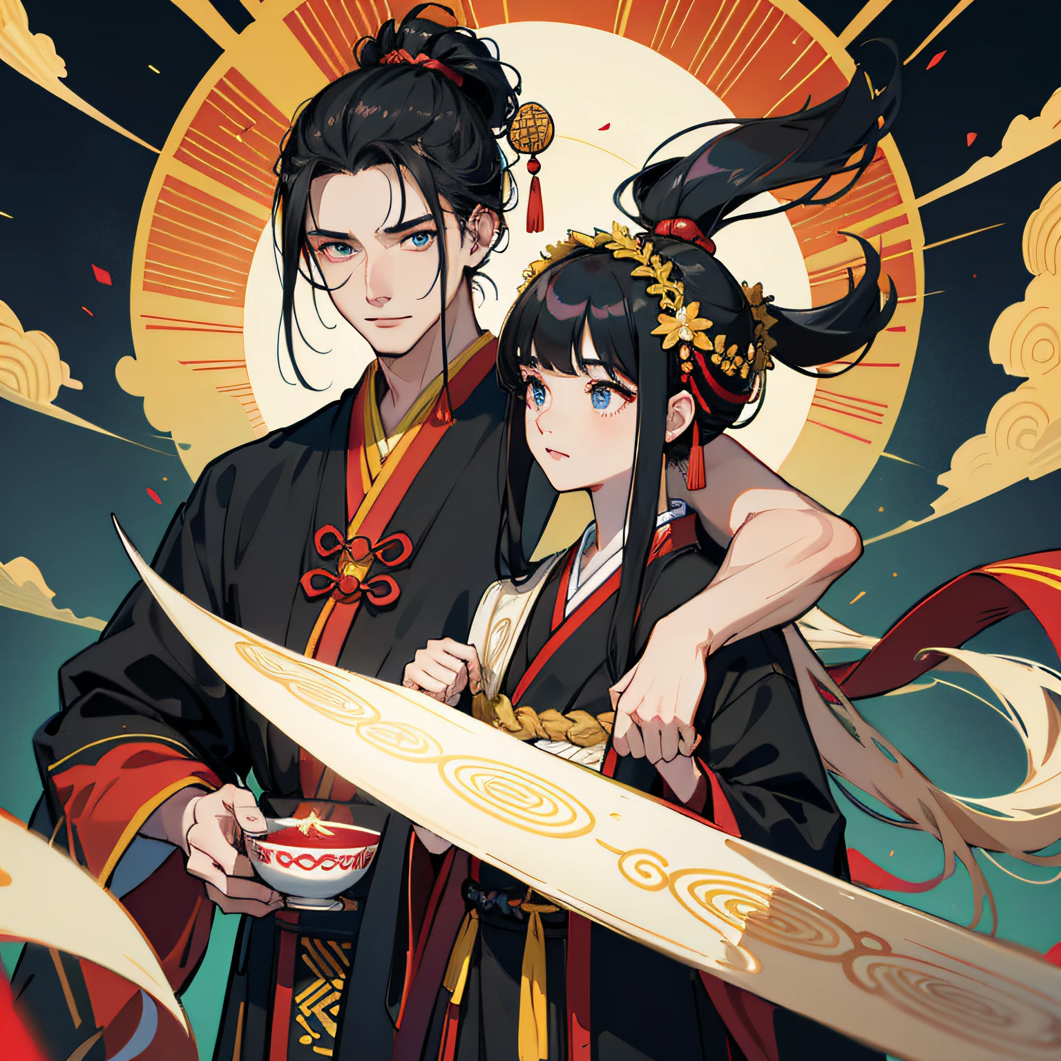 16k,hyper HD,Two-dimensional style,Classical Chinese men,Long black hair,Big eyes dark and bright,Wearing beautiful Hanfu,Face forward,Wear gorgeous blonde hair ornaments on your head,Height 195cm,Handsome and compelling。