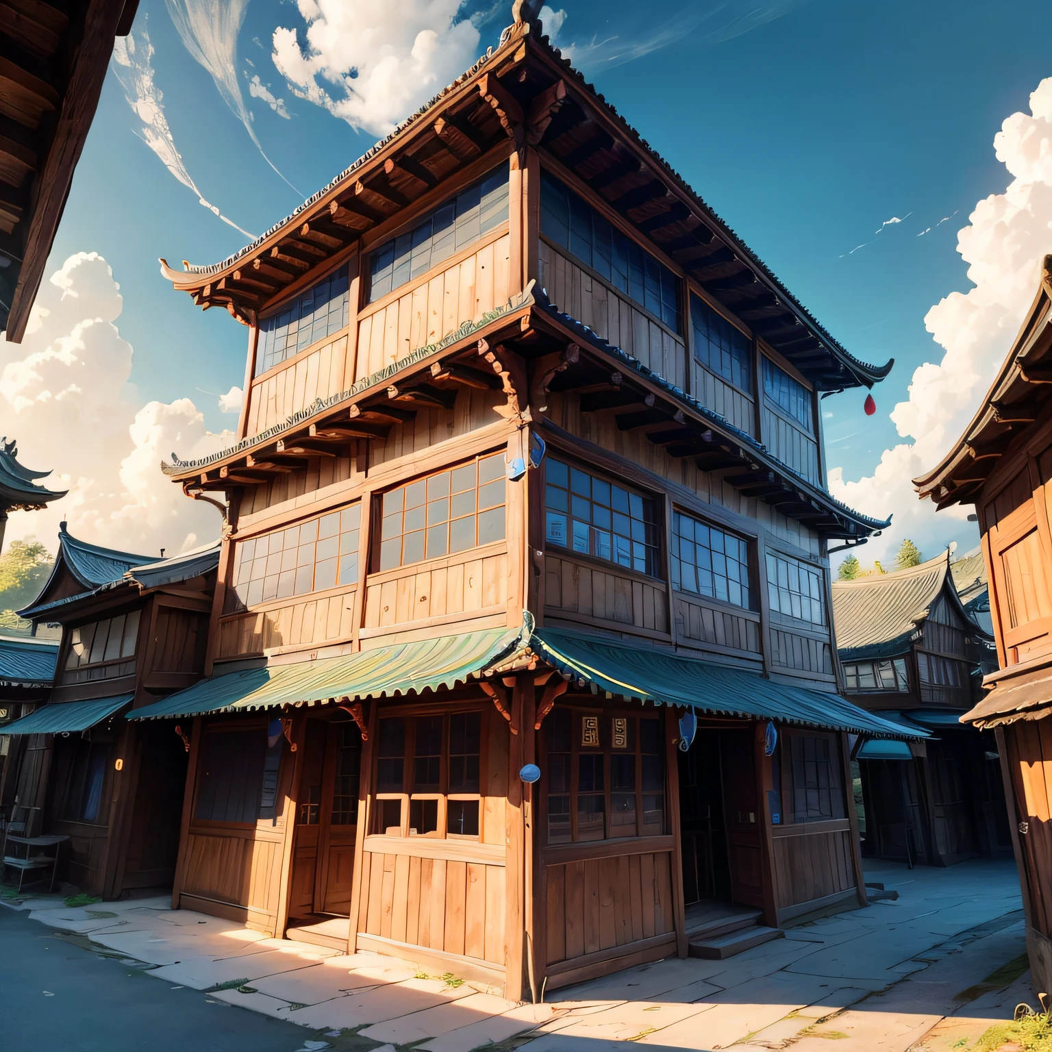 Ancient wind,Quaint,Chinese,Restaurant hostel,The exterior of the entire building,wood,multi-layer,4 storeys high,with blue sky and white clouds