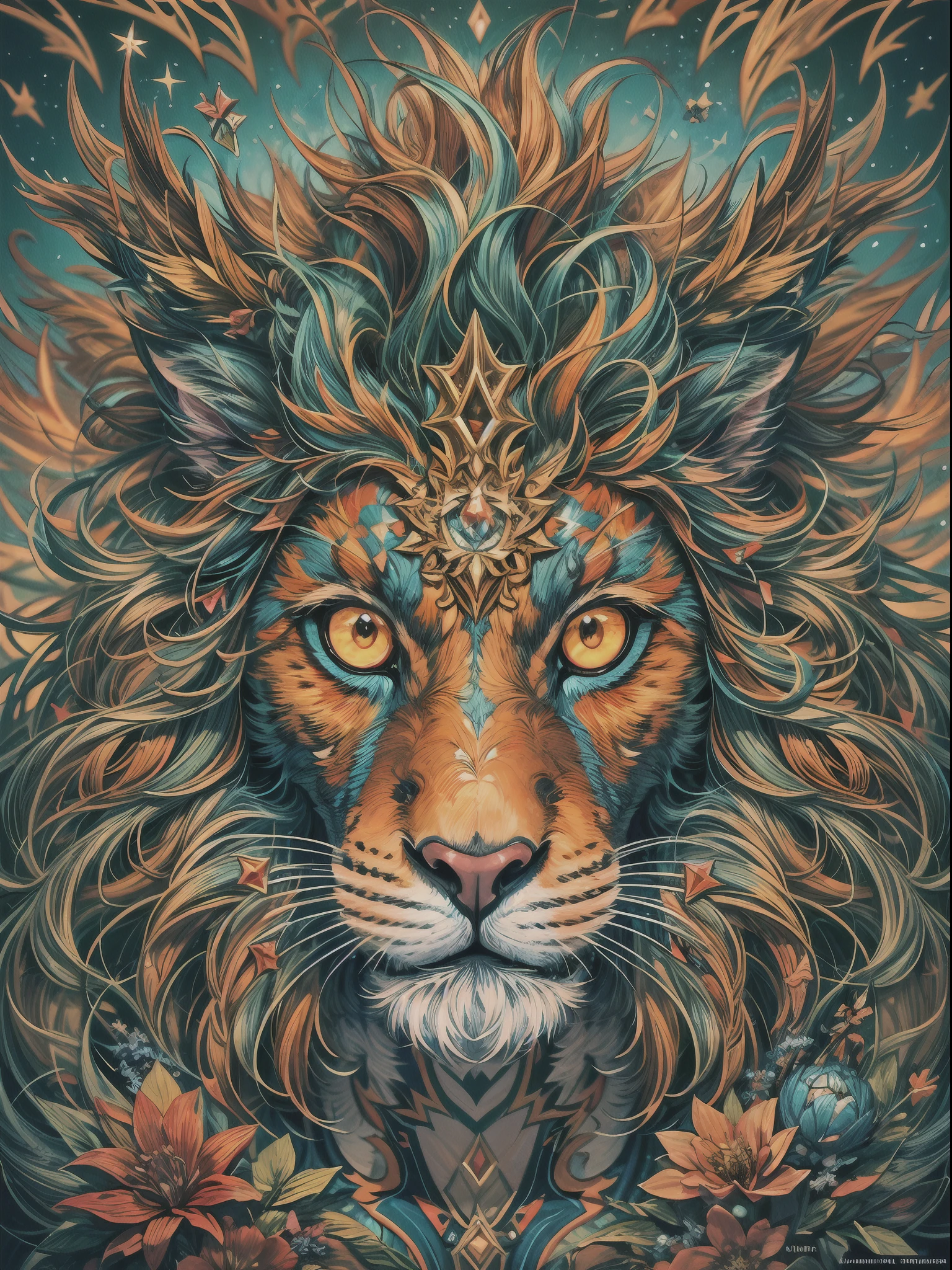 (Masterpiece, Illustration, Vibrant colors:1.3), An eye-catching graphic illustration bursting with life and energy. The artwork features a dynamic and intricate composition, filled with an array of vibrant colors that immediately capture the viewer's attention.
In the center of the illustration stands a majestic and fantastical creature, part-lion, part-phoenix, and part-dragon, symbolizing strength, rebirth, and power. Its body is adorned with colorful feathers that shimmer and glimmer, reflecting a brilliant spectrum of hues.
The creature's fierce eyes glow with a mix of (electric blue and fiery red:1.2), conveying both intensity and determination. Its long tail curls and swirls around, creating a mesmerizing pattern of colors and shapes.
Around the creature, the illustration depicts a fantastical world with floating islands, lush forests, and cascading waterfalls. The landscape is alive with vivid flora and fauna, painted in a kaleidoscope of colors, adding to the overall sense of wonder and enchantment.
In the sky, a dazzling display of (multicolored stars:1.2) and (glittering cosmic dust:1.1) fills the space, creating an ethereal backdrop for the captivating creature. The celestial scene adds a touch of magic and mystique to the illustration.
The artwork is filled with intricate details and patterns, with every corner of the illustration revealing something new and fascinating. The combination of bold lines and vibrant colors makes the entire composition pop with energy and life, Cinematic, Hyper-detailed, insane details, Beautifully color graded, Unreal Engine, DOF, Super-Resolution, Megapixel, Cinematic Lightning, Anti-Aliasing, FKAA, TXAA, RTX, SSAO, Post Processing, Post Production, Tone Mapping, CGI, VFX, SFX, Insanely detailed and intricate, Hyper maximalist, Hyper realistic, Volumetric, Photorealistic, ultra photoreal, ultra-detailed, intricate details, 8K, Super detailed, Full color, Volumetric lightning, HDR, Realistic, Unreal Engine, 16K,
