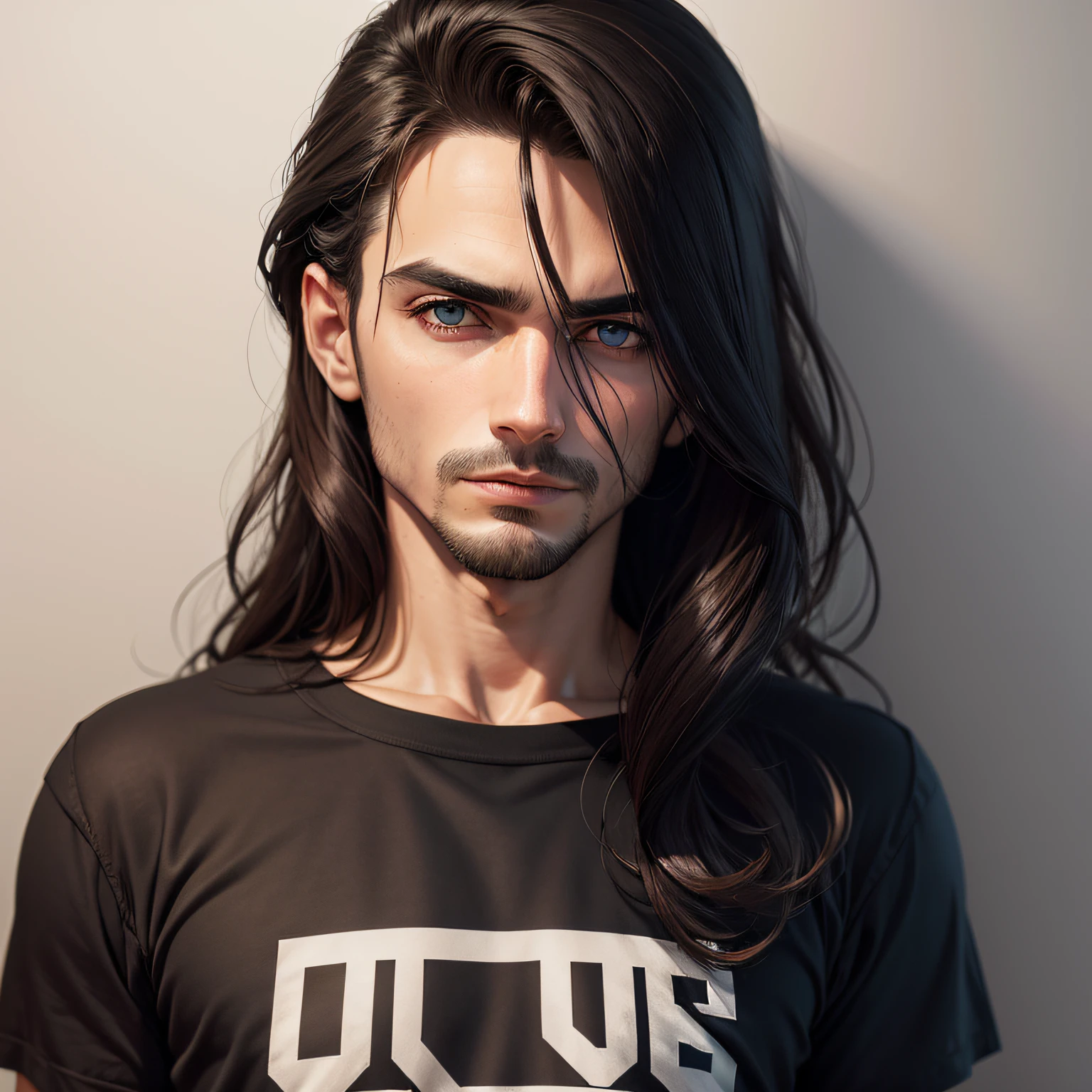 um garoto de 25 anos de olhos azuis, de cabelo curto, with an authoritarian look, com uma blusa preta larga