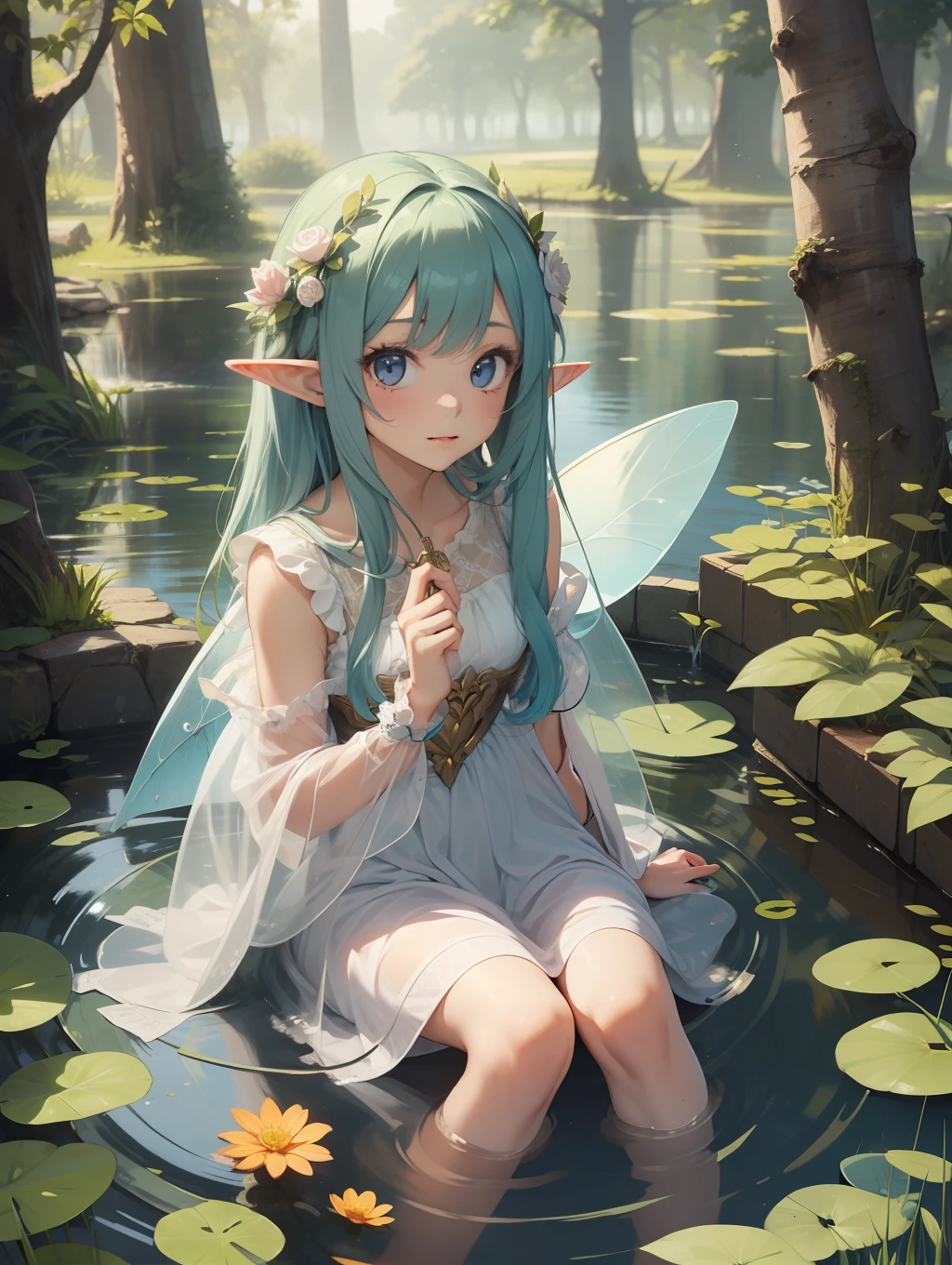 (best quality, masterpiece), 1girl, fairy, elf, looking at viewer, in water, pond,