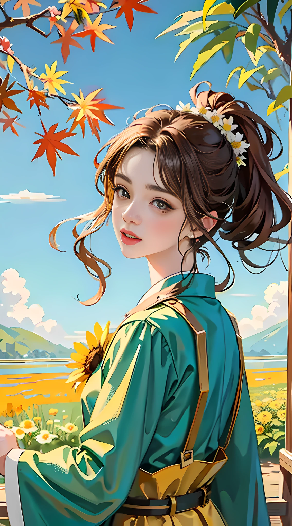 1girll,独奏,florals,himawari,freckle,sportrait,leafs,By bangs,signatures,Yellow flowers,Brown hair,long whitr hair,greene eyes,hair between eye,Flower earrings,
exteriors,the woods,
in the afternoon,after rainny,Dingdall effect,
fully body photo,Faraway view,
The wind blows through the maple leaves,dust kicked up,
tmasterpiece, hyper HD, Best picture quality, A high resolution,16k, hyper-high detail,
illustration,Ancient wind,