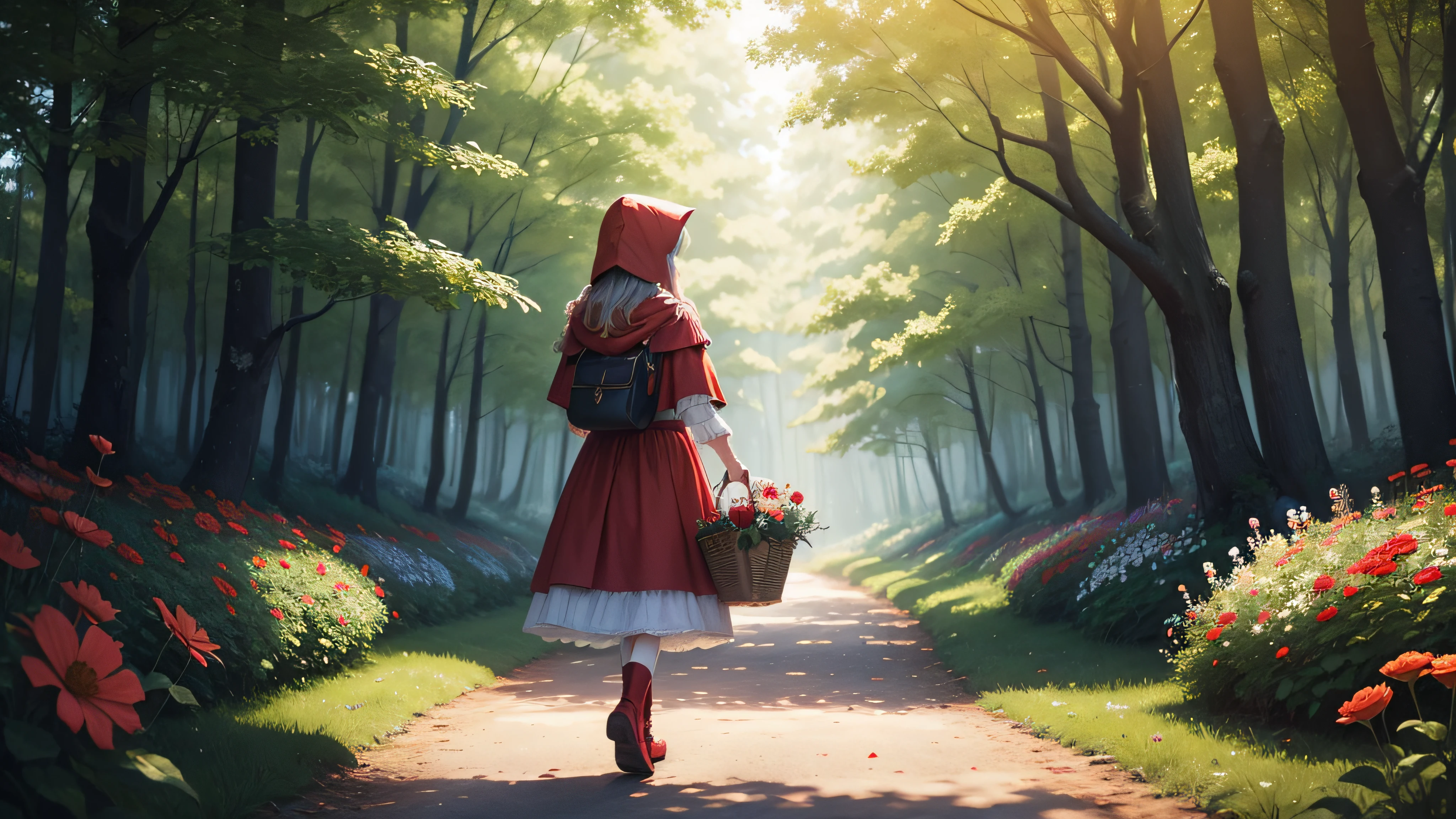 Little Red Riding Hood carries a basket full of flowers，Walk the path in the forest --auto