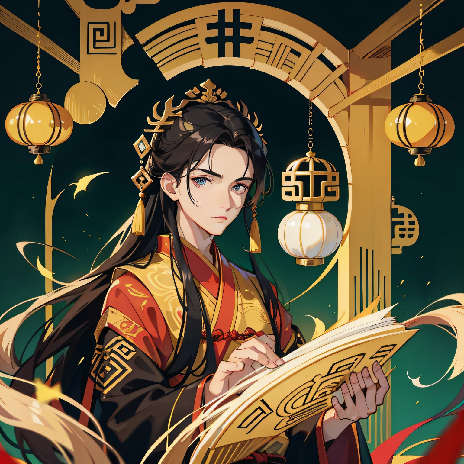 16k,hyper HD,Two-dimensional style,Classical Chinese men,Long black hair,Big eyes dark and bright,Wearing beautiful Hanfu,Face forward,Wear gorgeous blonde hair ornaments on your head,Height 195cm,Handsome and compelling。