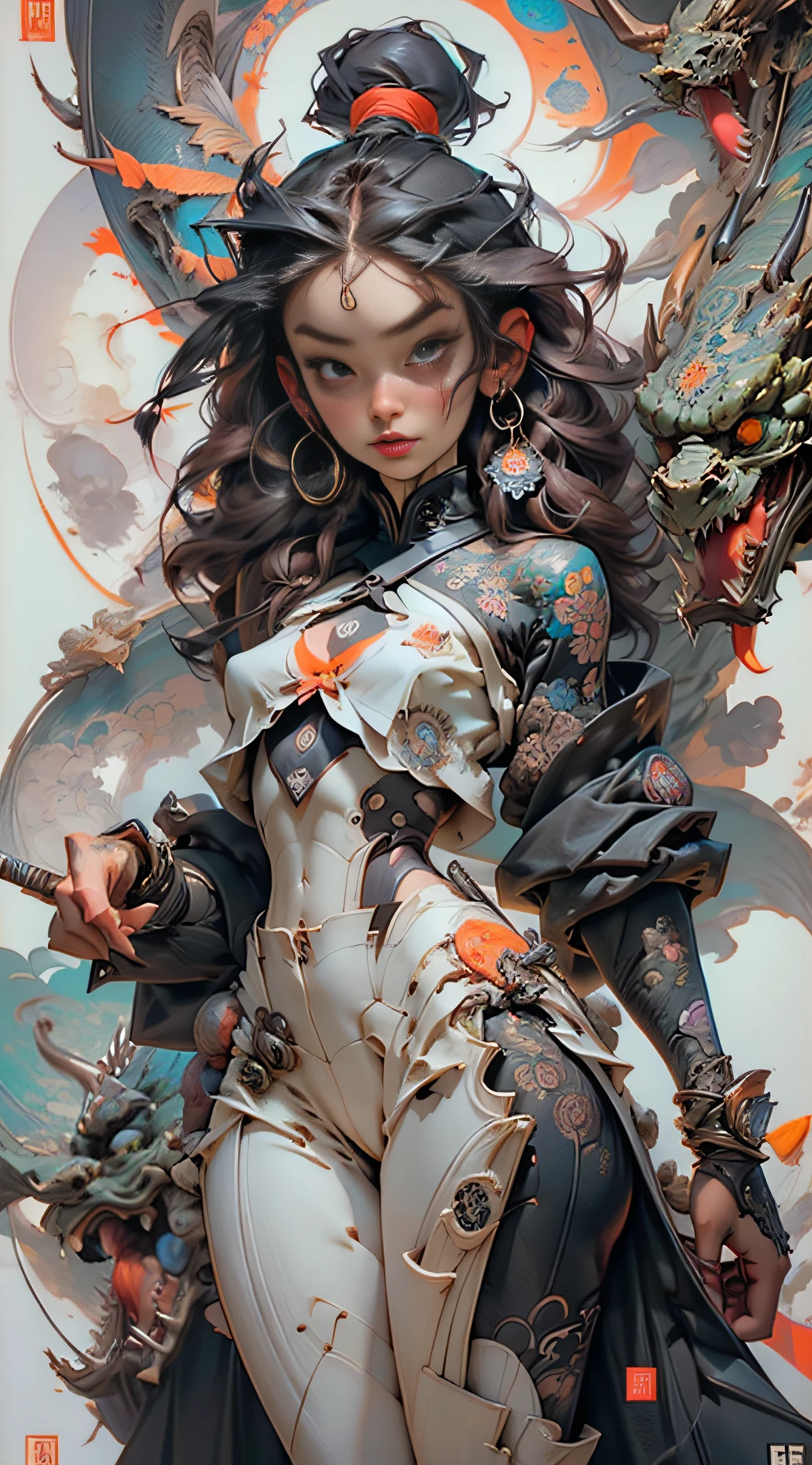 swordsmen,vectorial art,1ebony woman with tattoos,brunette color hair,white clothes,Super colorful,luminous colorization,sharp,cinematic ligh,degrees of freedom,35mm,Pintula glows,(FashionMagCover:1.2),Abstract shapes,Sharp and detailed,(1 beautiful girl),mandalas,butterflys,(Amazing visual design:1.2)