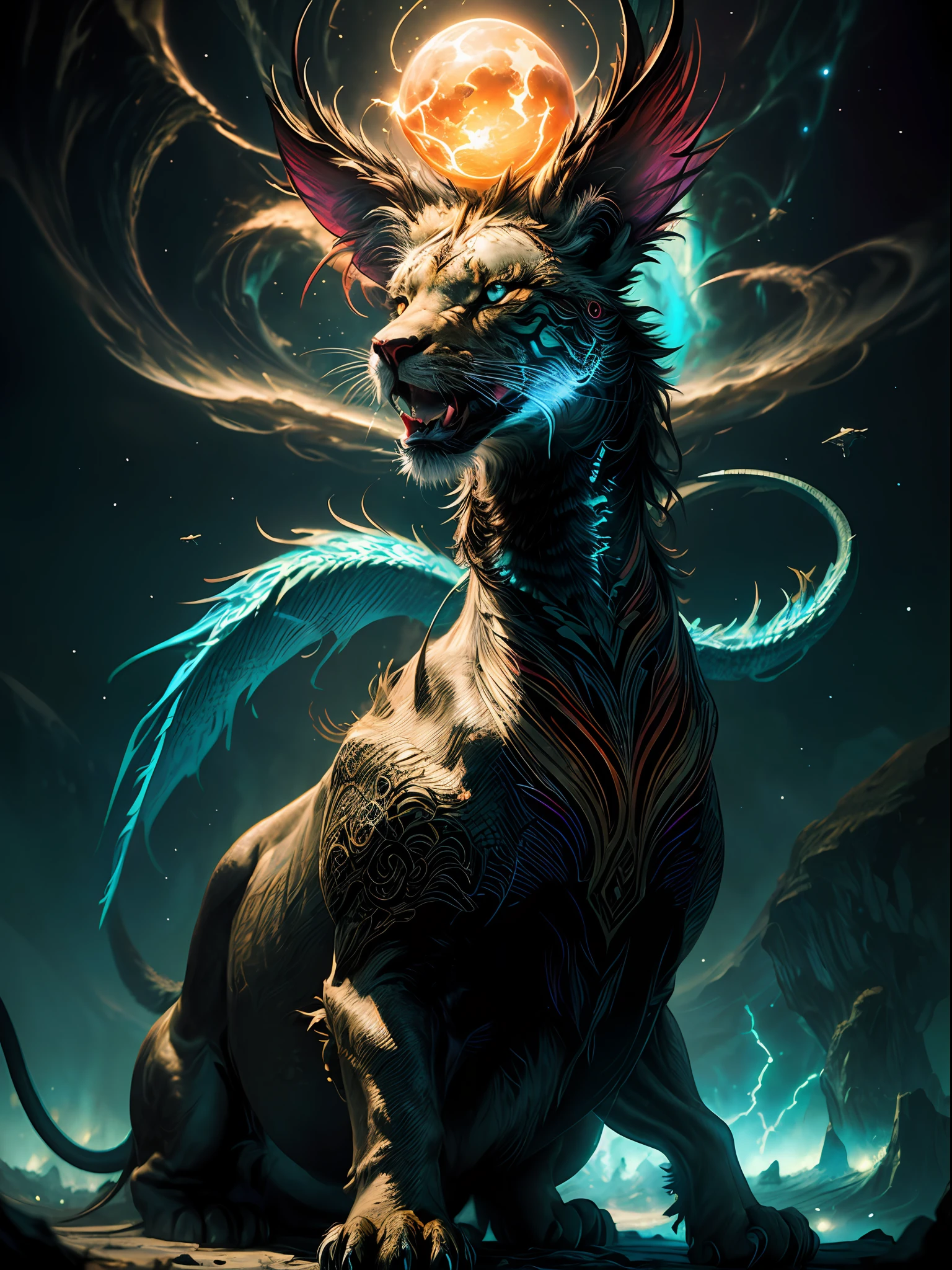 (Masterpiece, Illustration, Vibrant colors:1.3), An eye-catching graphic illustration bursting with life and energy. The artwork features a dynamic and intricate composition, filled with an array of vibrant colors that immediately capture the viewer's attention.
In the center of the illustration stands a majestic and fantastical creature, part-lion, part-phoenix, and part-dragon, symbolizing strength, rebirth, and power. Its body is adorned with colorful feathers that shimmer and glimmer, reflecting a brilliant spectrum of hues.
The creature's fierce eyes glow with a mix of (electric blue and fiery red:1.2), conveying both intensity and determination. Its long tail curls and swirls around, creating a mesmerizing pattern of colors and shapes.
Around the creature, the illustration depicts a fantastical world with floating islands, lush forests, and cascading waterfalls. The landscape is alive with vivid flora and fauna, painted in a kaleidoscope of colors, adding to the overall sense of wonder and enchantment.
In the sky, a dazzling display of (multicolored stars:1.2) and (glittering cosmic dust:1.1) fills the space, creating an ethereal backdrop for the captivating creature. The celestial scene adds a touch of magic and mystique to the illustration.
The artwork is filled with intricate details and patterns, with every corner of the illustration revealing something new and fascinating. The combination of bold lines and vibrant colors makes the entire composition pop with energy and life, Cinematic, Hyper-detailed, insane details, Beautifully color graded, Unreal Engine, DOF, Super-Resolution, Megapixel, Cinematic Lightning, Anti-Aliasing, FKAA, TXAA, RTX, SSAO, Post Processing, Post Production, Tone Mapping, CGI, VFX, SFX, Insanely detailed and intricate, Hyper maximalist, Hyper realistic, Volumetric, Photorealistic, ultra photoreal, ultra-detailed, intricate details, 8K, Super detailed, Full color, Volumetric lightning, HDR, Realistic, Unreal Engine, 16K,