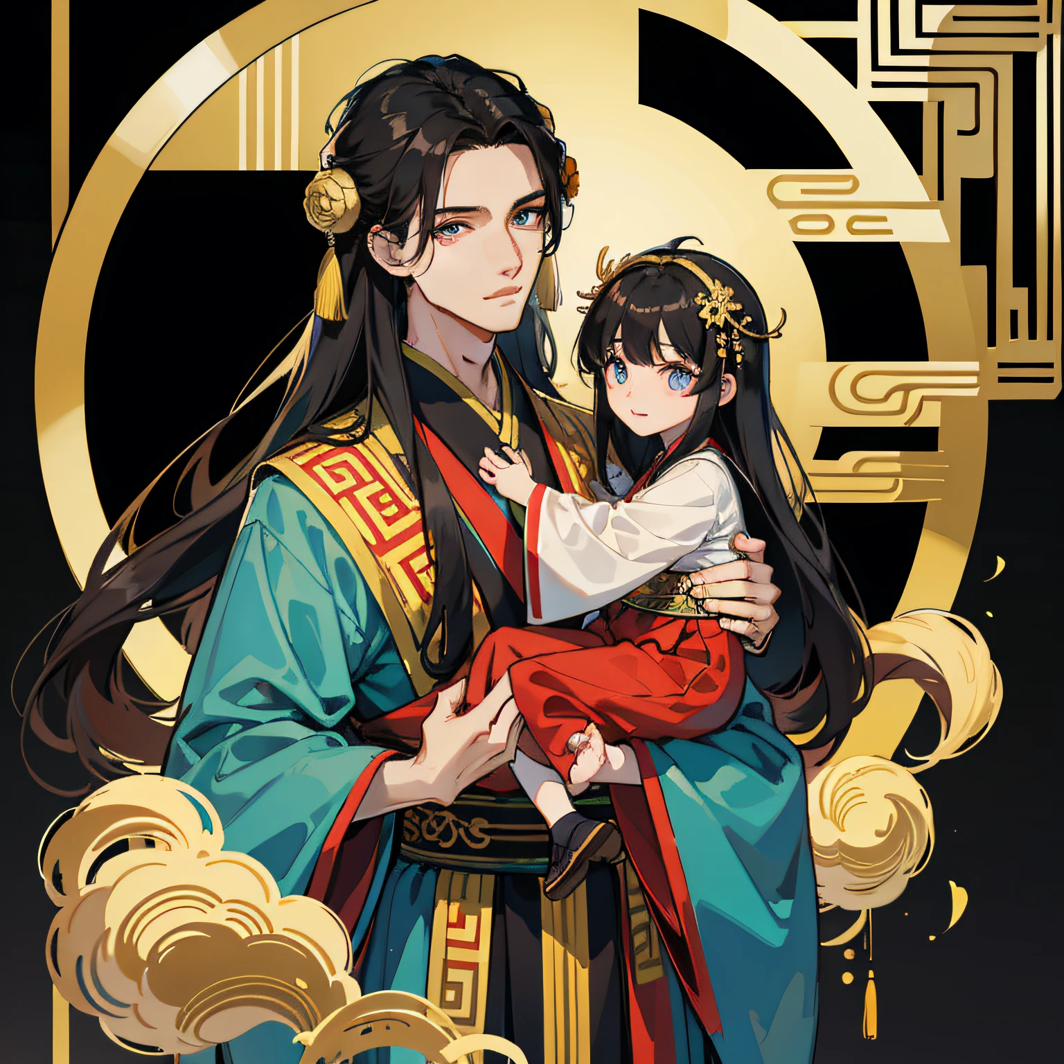 16k,hyper HD,Two-dimensional style,Classical Chinese men,Long black hair,Big eyes dark and bright,Wearing beautiful Hanfu,Face forward,Wear gorgeous blonde hair ornaments on your head,Height 195cm,Handsome and compelling。