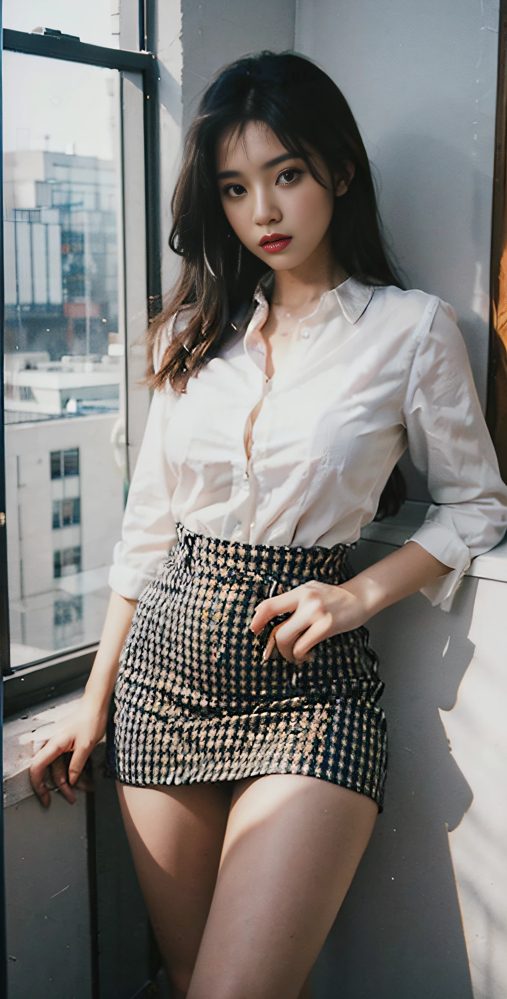 (8K, RAW photo, Best quality, Masterpiece:1.2), (Realistic, photo-realistic:1.37), Ultra-detailed,(detailed beautiful girl:1.4),1 girl,Slender,view the viewer,Sexy office lady, office suit,Micro Mini Skirt,view the viewer,Gold Net,Green eyes, Brown hair, Long hair