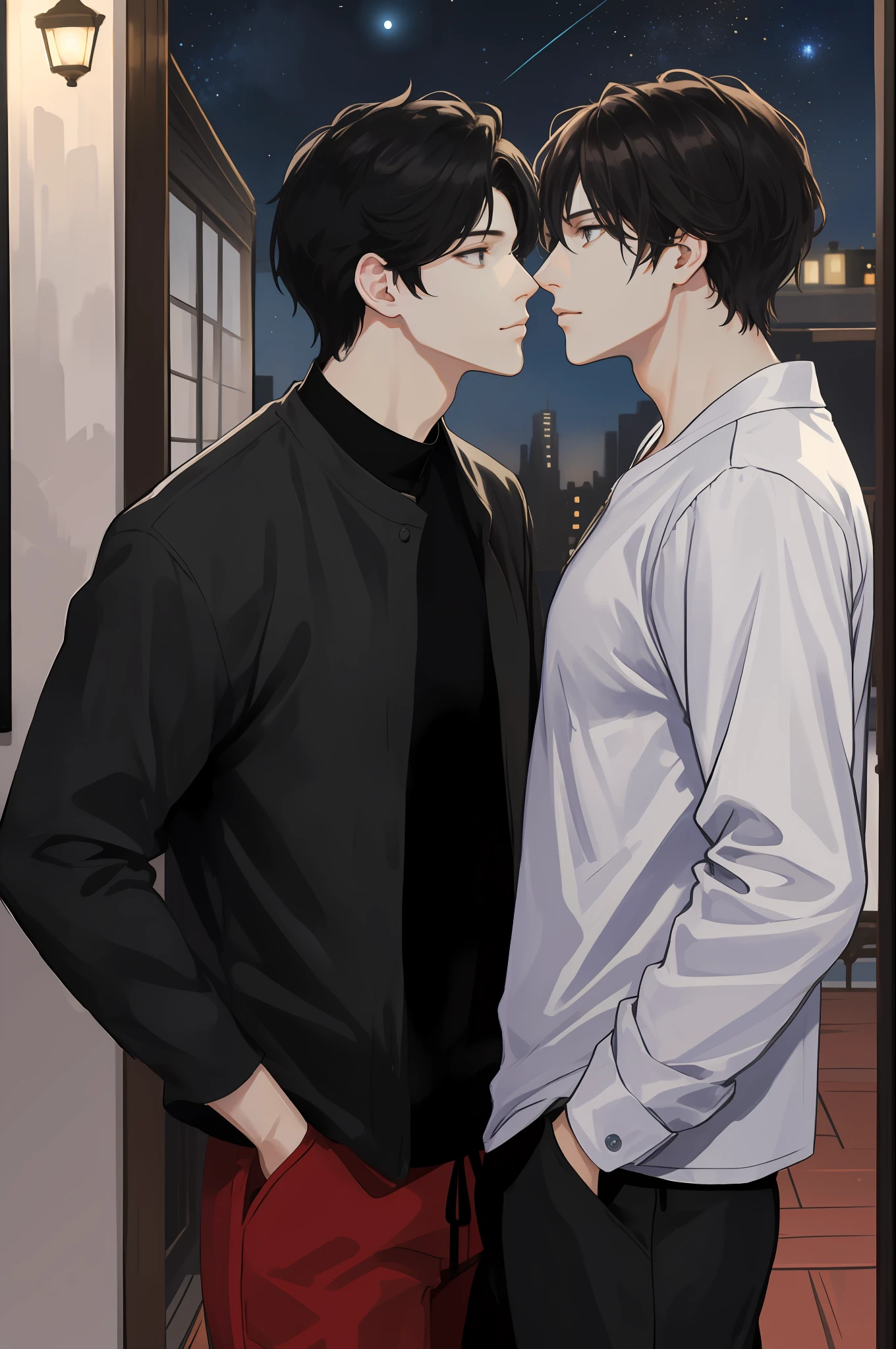 ​masterpiece, top-quality, realisitic, Young men２a person,Staring at each other trying to kiss、 tall muscular, a handsome, Beautiful skins,attractive and delicate eyes、Ecstatic look、 extra detailed face, (Black hair), (Untidy hair), Casual clothing,dressed casually、nighttime scene、starrysky