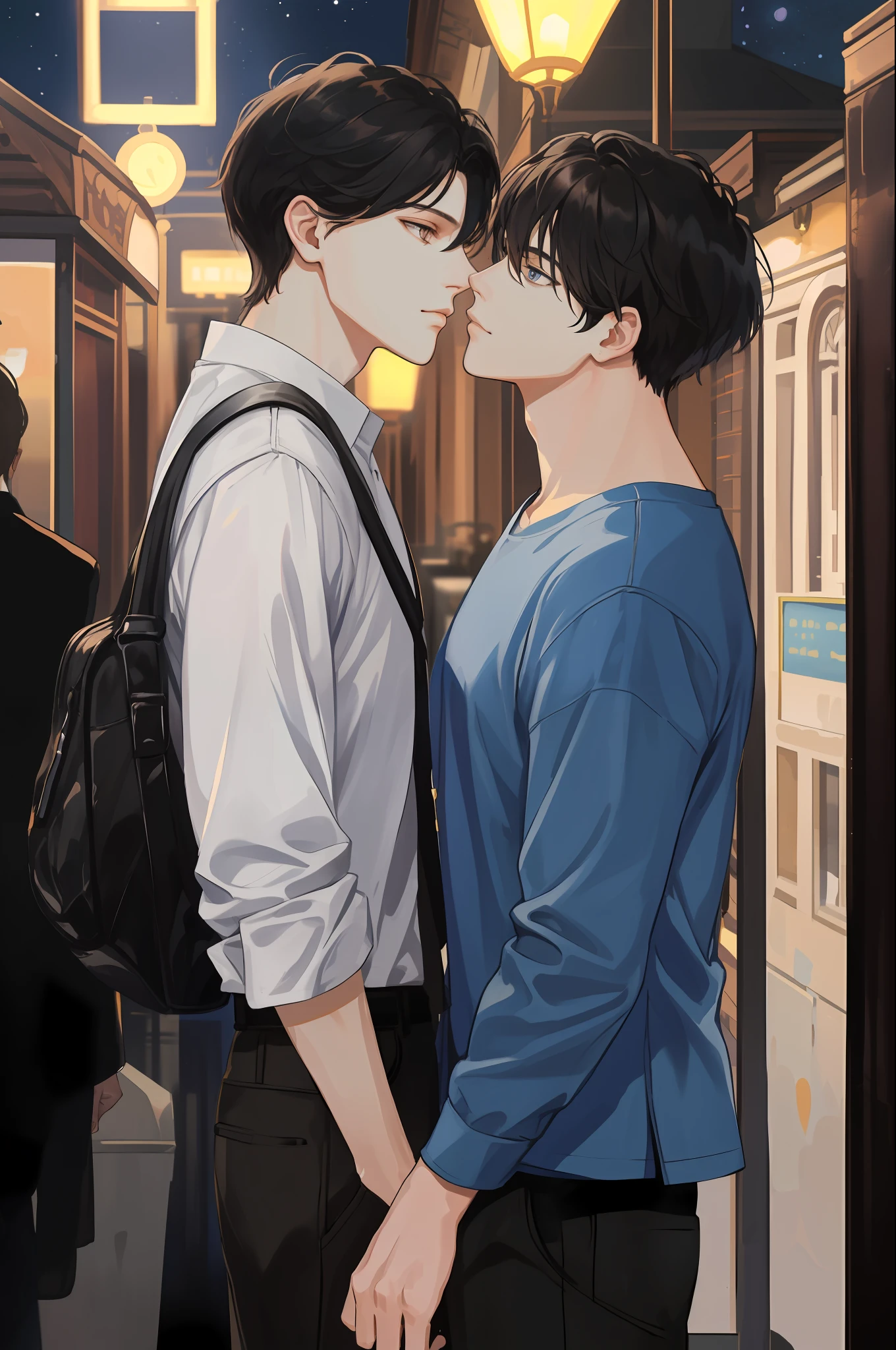​masterpiece, top-quality, realisitic, Young men２a person,Staring at each other trying to kiss、 tall muscular, a handsome, Beautiful skins,attractive and delicate eyes、Ecstatic look、 extra detailed face, (Black hair), (Untidy hair), Casual clothing,dressed casually、nighttime scene、starrysky