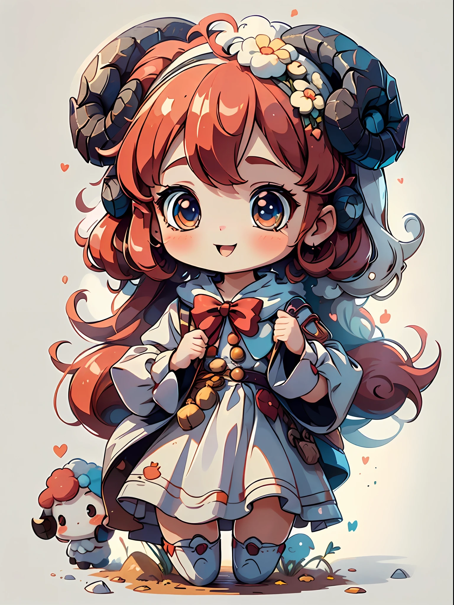 plastican00d、Simple white background、masutepiece, of the highest quality, isometric, beatiful detailed eyes、cowboy shot、(Cute cheerful little girl of the year、Chibi:1.2、3 head body、Sheep horns on the head、Red hair、White fluffy dress、fullllbody)