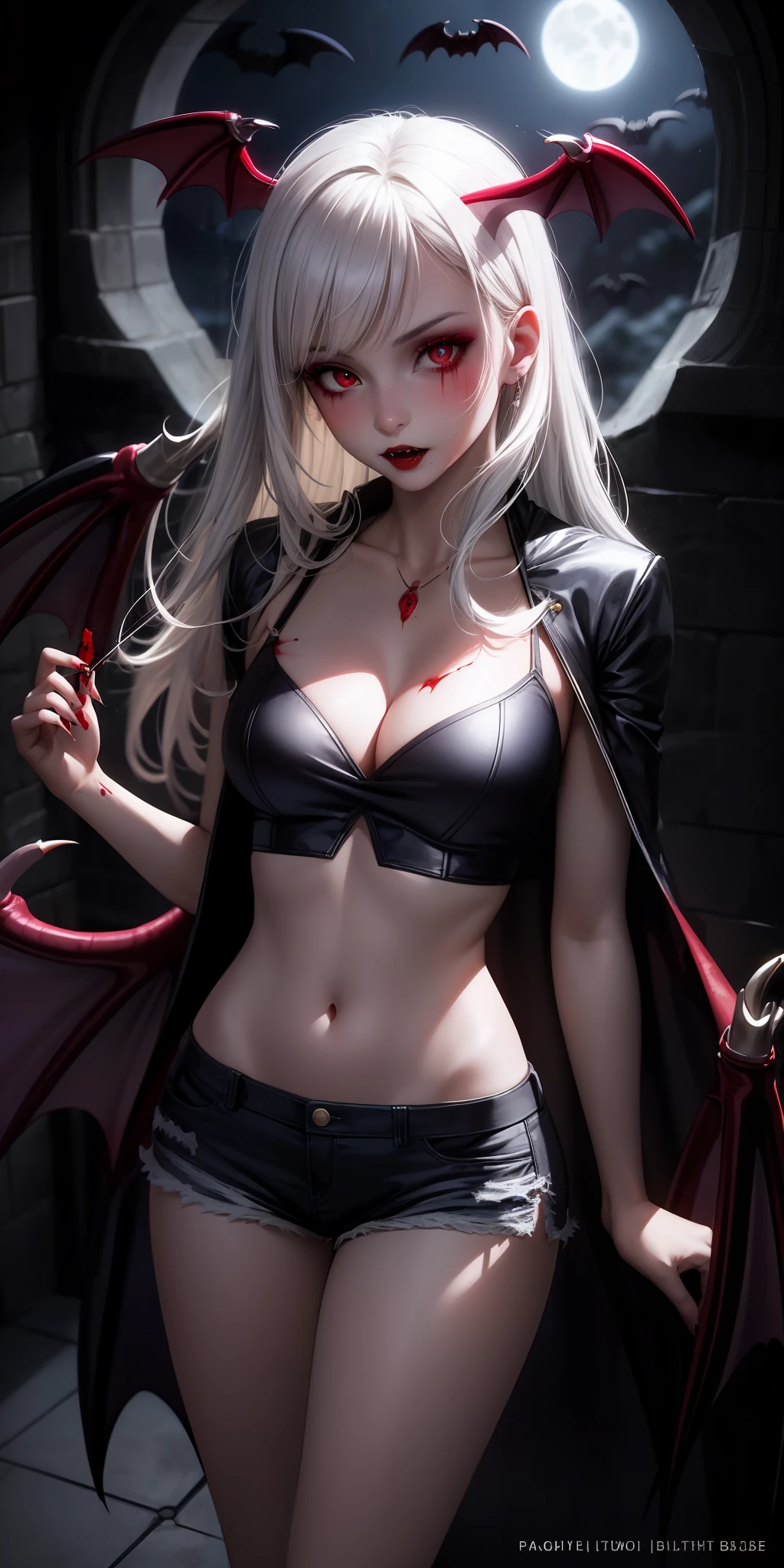 realistic, 1girl, (vampire girl:1.4), white hair, (red eyes), glowing eyes, slit pupils, (blood, blood splatter), crop top, cleavage, short shorts, collarbone, parted lips, fangs, makeup, blush, night, reflection, full moon, moonlight, rose, castle, shadow, darkness, bat \(animal\),