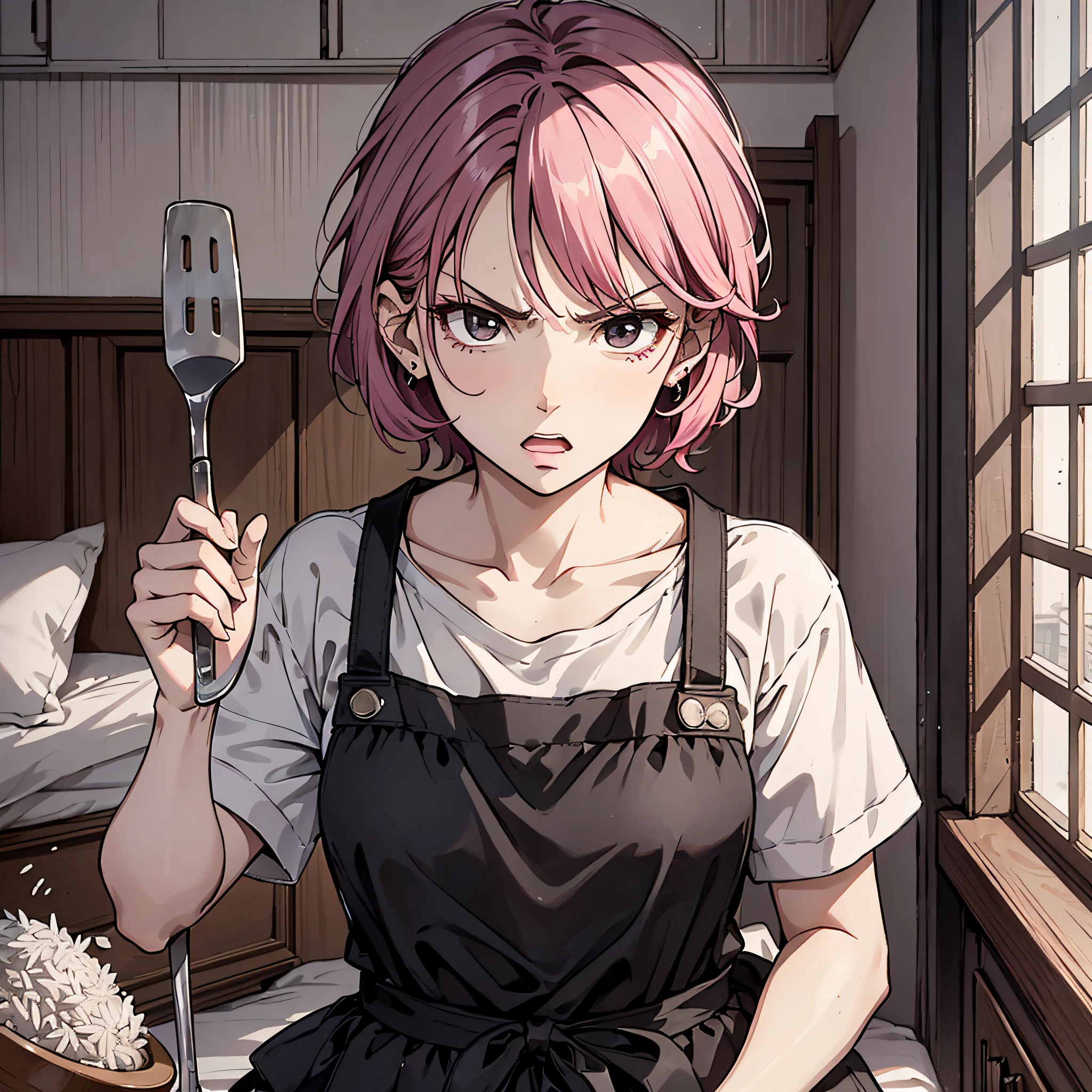 Ridiculous resolution,A high resolution,(tmasterpiece:1.4),Hyper-detailing,pink short hair, 1 middle-aged woman,, Solo, Black eyes, Angry, house wife,aprons, Take a rice spatula,Bedroom room,Stand by the bed,Angry,