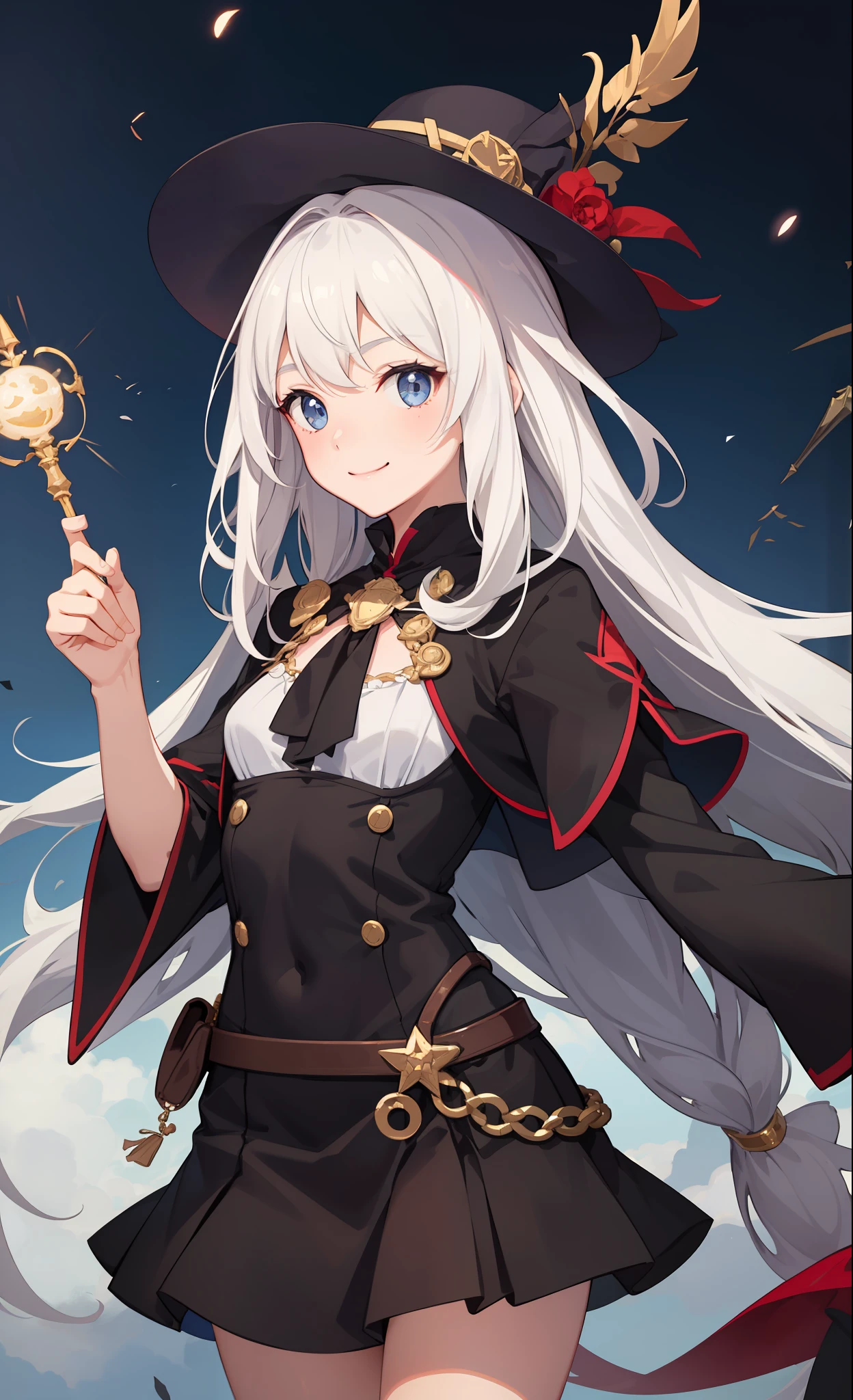 1girl in、A smile、The shirt、Blouse、skirt by the、(small tits)Chilarism、movement、Hats、cloaks、magic wands、Sorcerer、white hair、