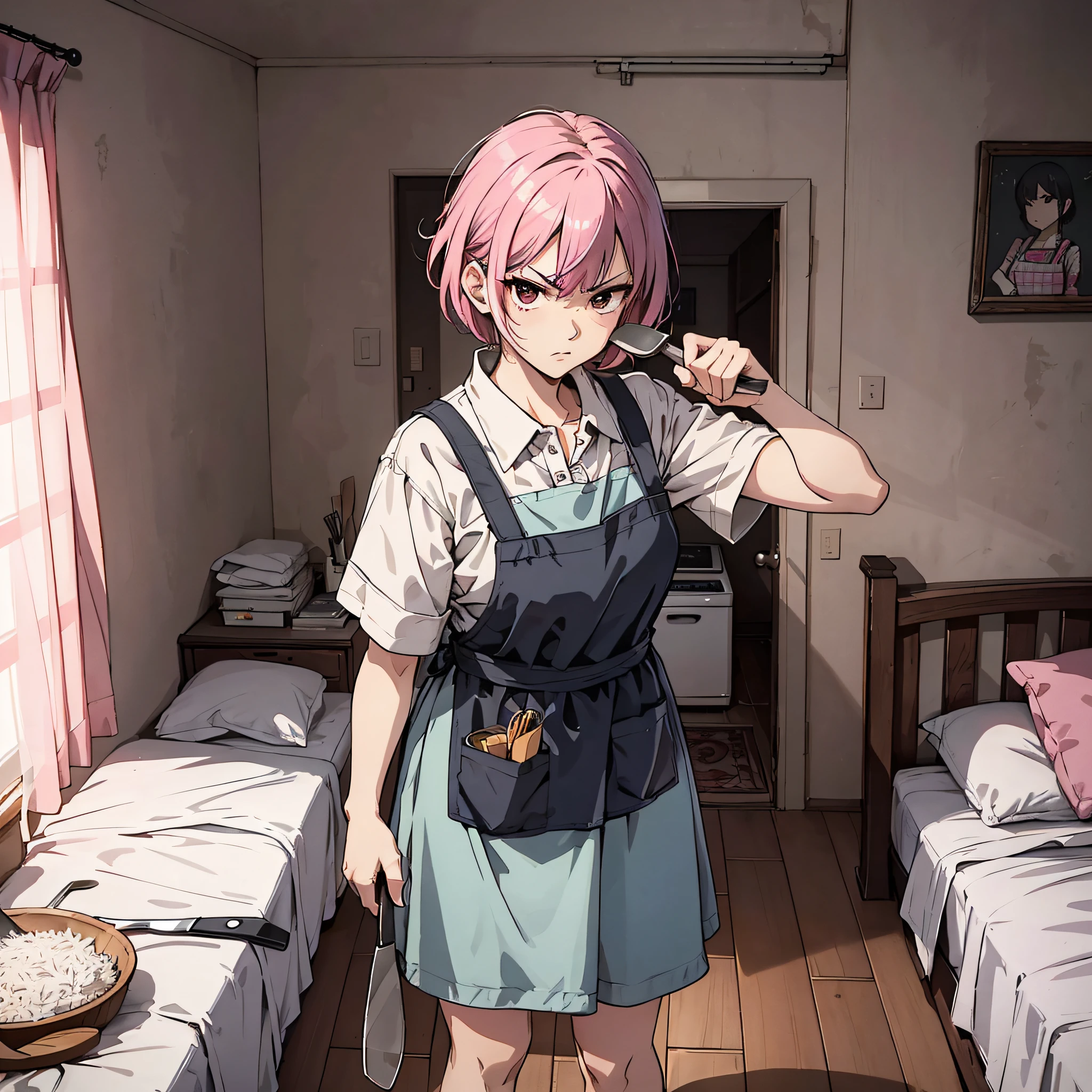 Ridiculous resolution,A high resolution,(tmasterpiece:1.4),Hyper-detailing,pink short hair, 1 middle-aged woman,, Solo, Black eyes, Angry, house wife,aprons, Take a rice spatula,Bedroom room,Stand by the bed,Angry,