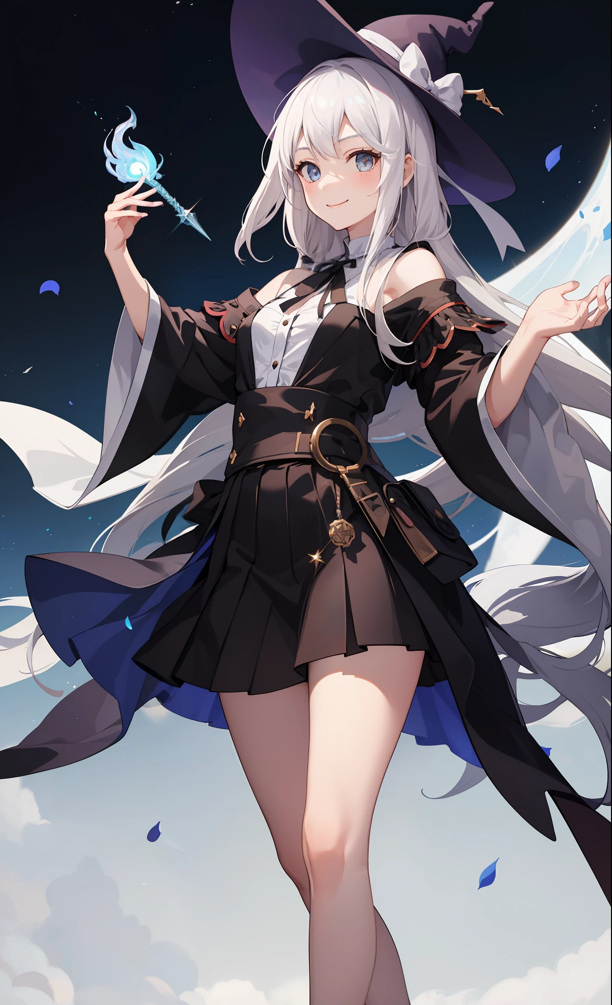 1girl in、A smile、The shirt、Blouse、skirt by the、(small tits)Chilarism、movement、Hats、cloaks、magic wands、Sorcerer、white hair、