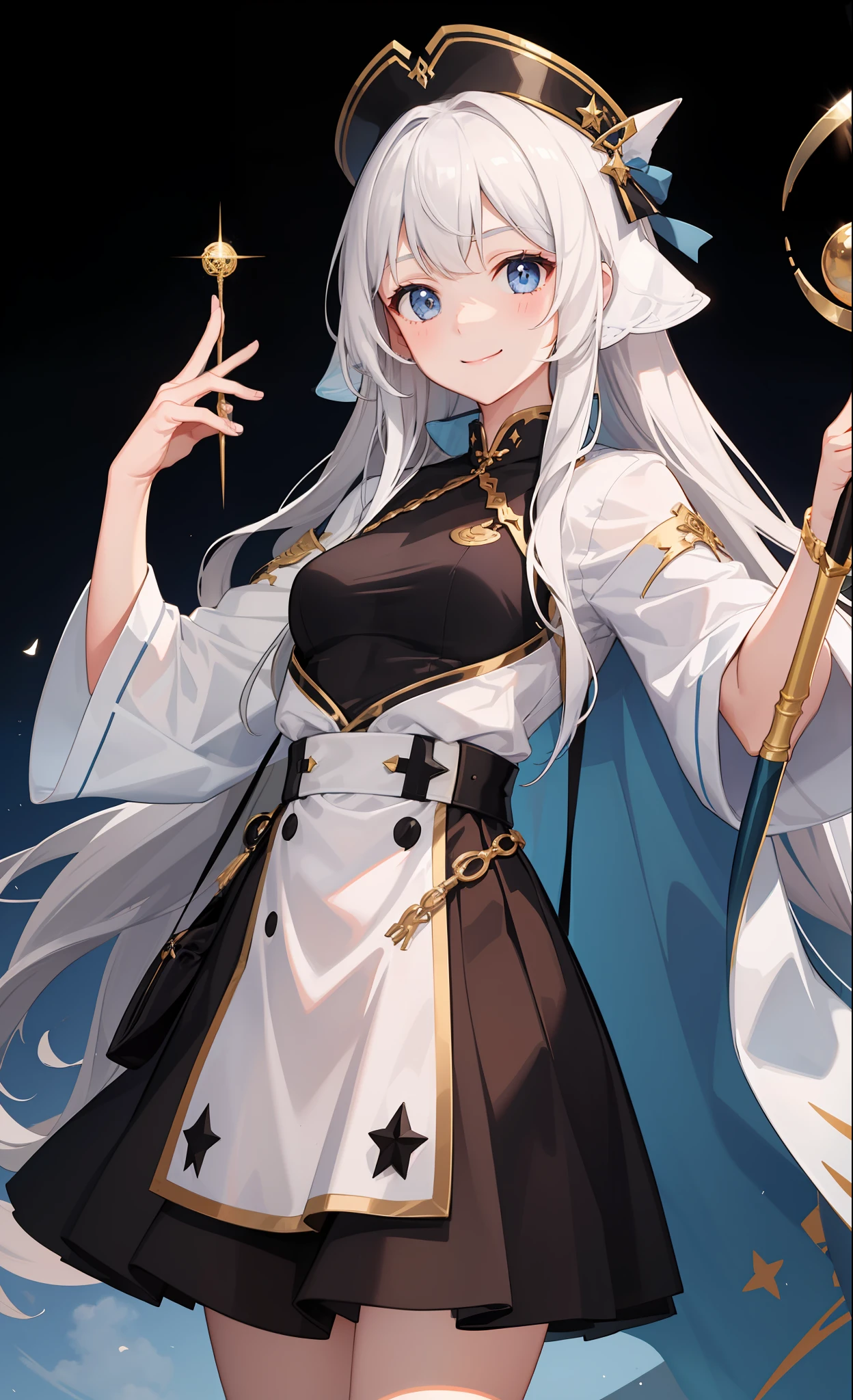 1girl in、A smile、The shirt、Blouse、skirt by the、（small tits）Chilarism、movement、Hats、cloaks、magic wands、Sorcerer、white  hair、