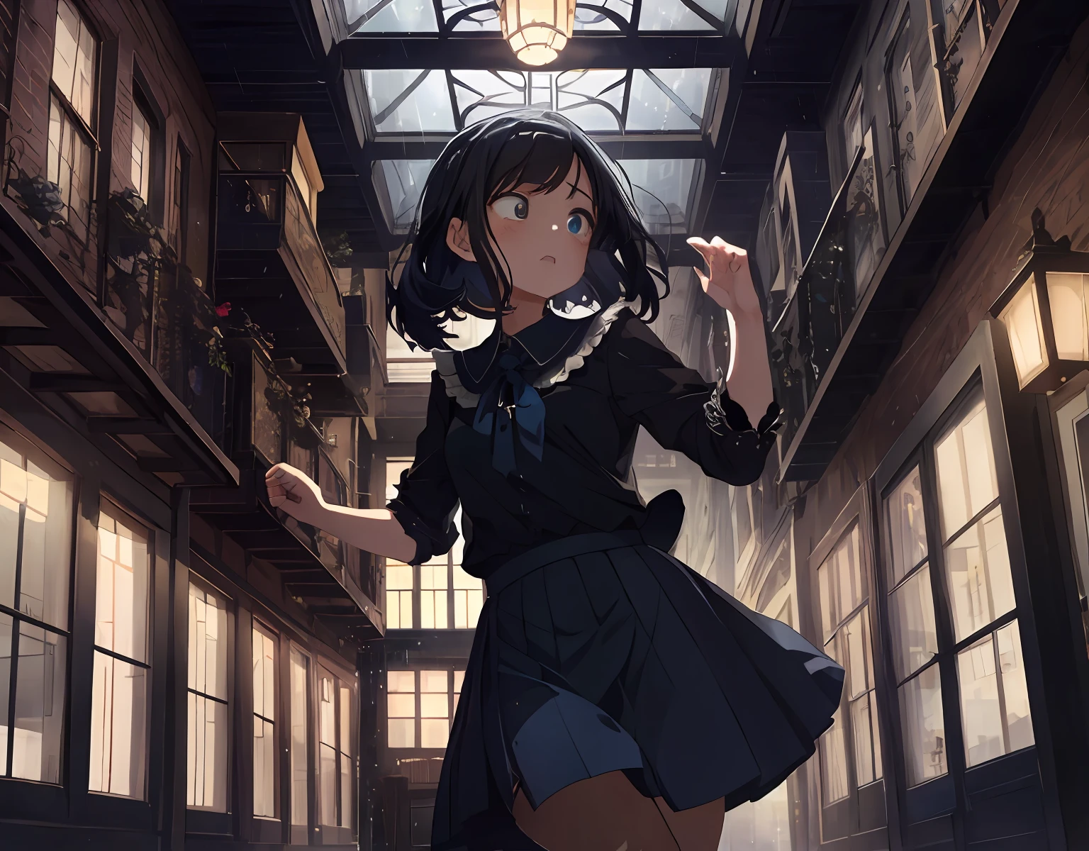 masterpiece, best quality, ultra-detailed, illustration, an extremely delicate and beautiful, cute, girl, energetic, active, anime, 1girl, cute, soft lighting, black hair, labyrinth, Mysterious world, Alice, night, rain outside the window, lanthanum, search, adventure, run away, chased, woman with black hair and blue eyes, dark blue colored skirt, intricate building, complex architecture, dynamic angle, cinematic angle, indoor , wide shot, run, huge building, dark and light, troubled eyebrows, scared, anguish, white blouse, decadent,