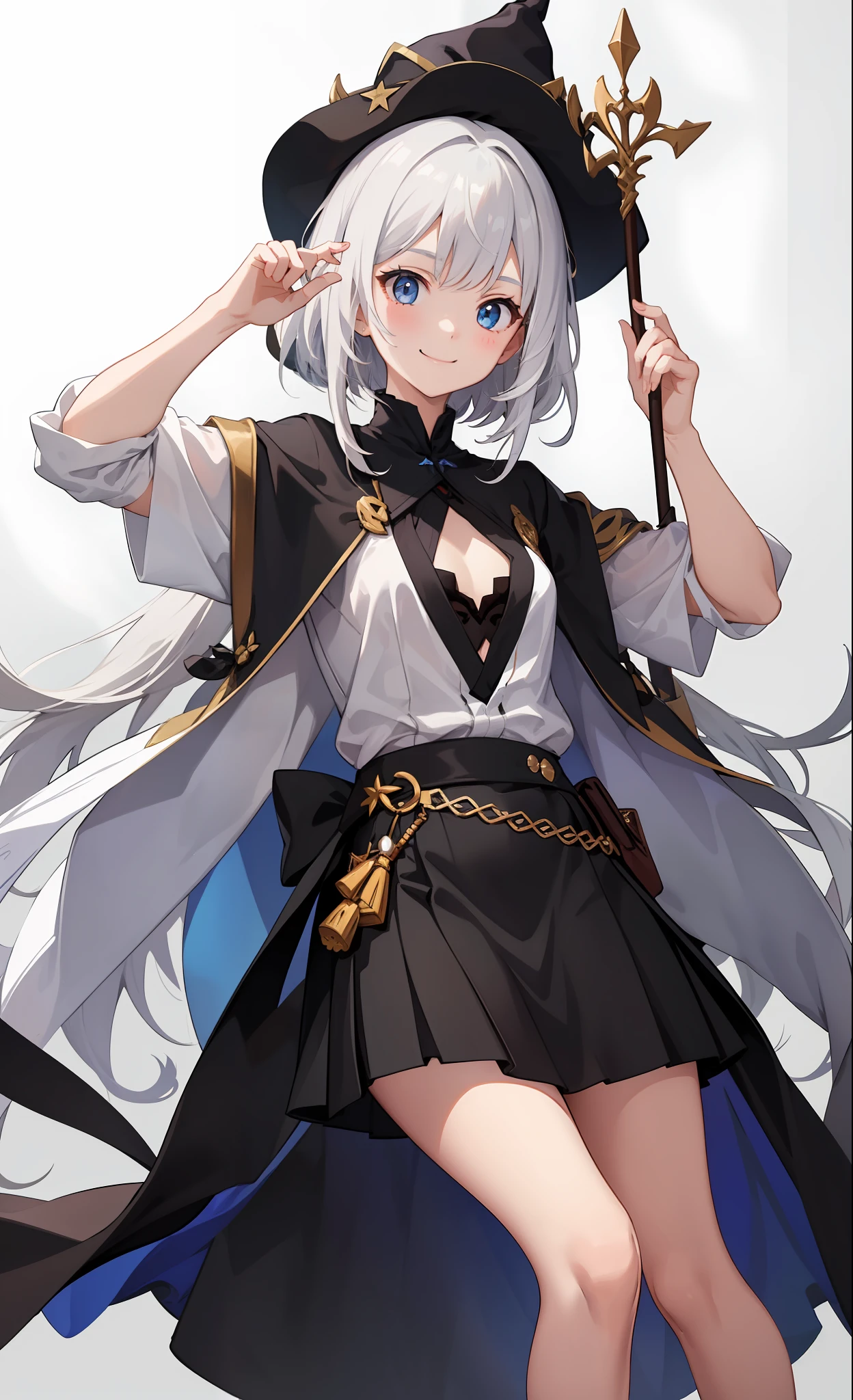 1girl in、A smile、The shirt、Blouse、skirt by the、（small tits）Chilarism、movement、Hats、cloaks、magic wands、Sorcerer、white  hair、