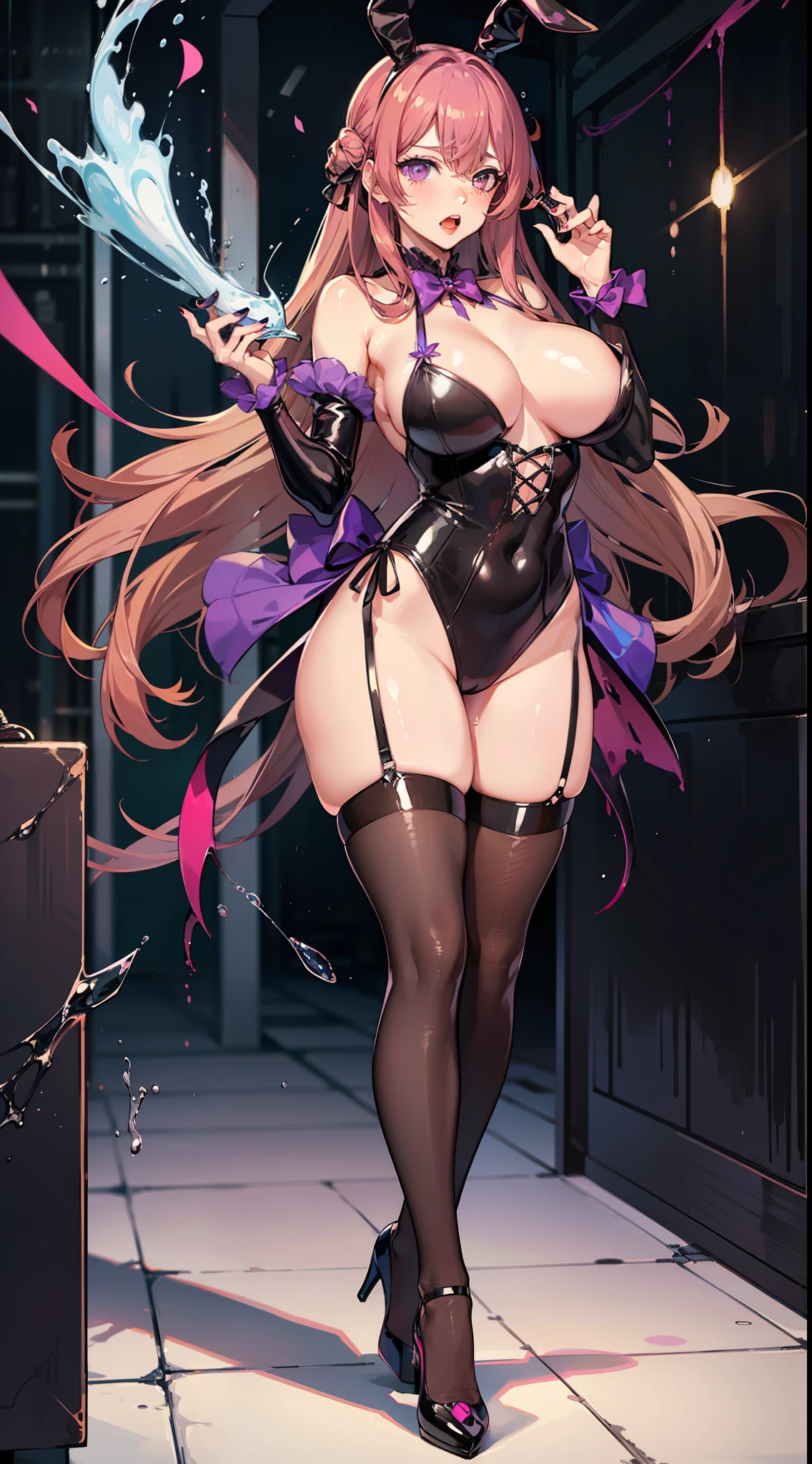 Beautuful Women，Purple Rabbit，liveroom，Pink high heels，Brown hair，black lence stockings，Venom leather，Venom，curlies，lipsticks，drools，The clothes ar，Ribbons，White liquid，teardrop，venomize