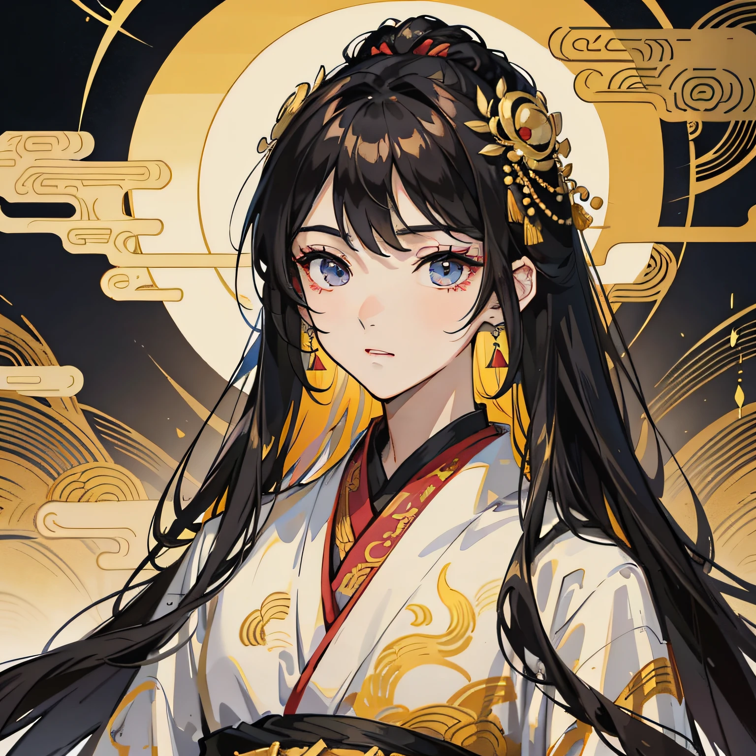 16k,hyper HD,Two-dimensional style,Classical Chinese men,Long black hair,Big eyes dark and bright,Wearing beautiful Hanfu,Face forward,Wear gorgeous blonde hair ornaments on your head,Height 195cm,Handsome and compelling。