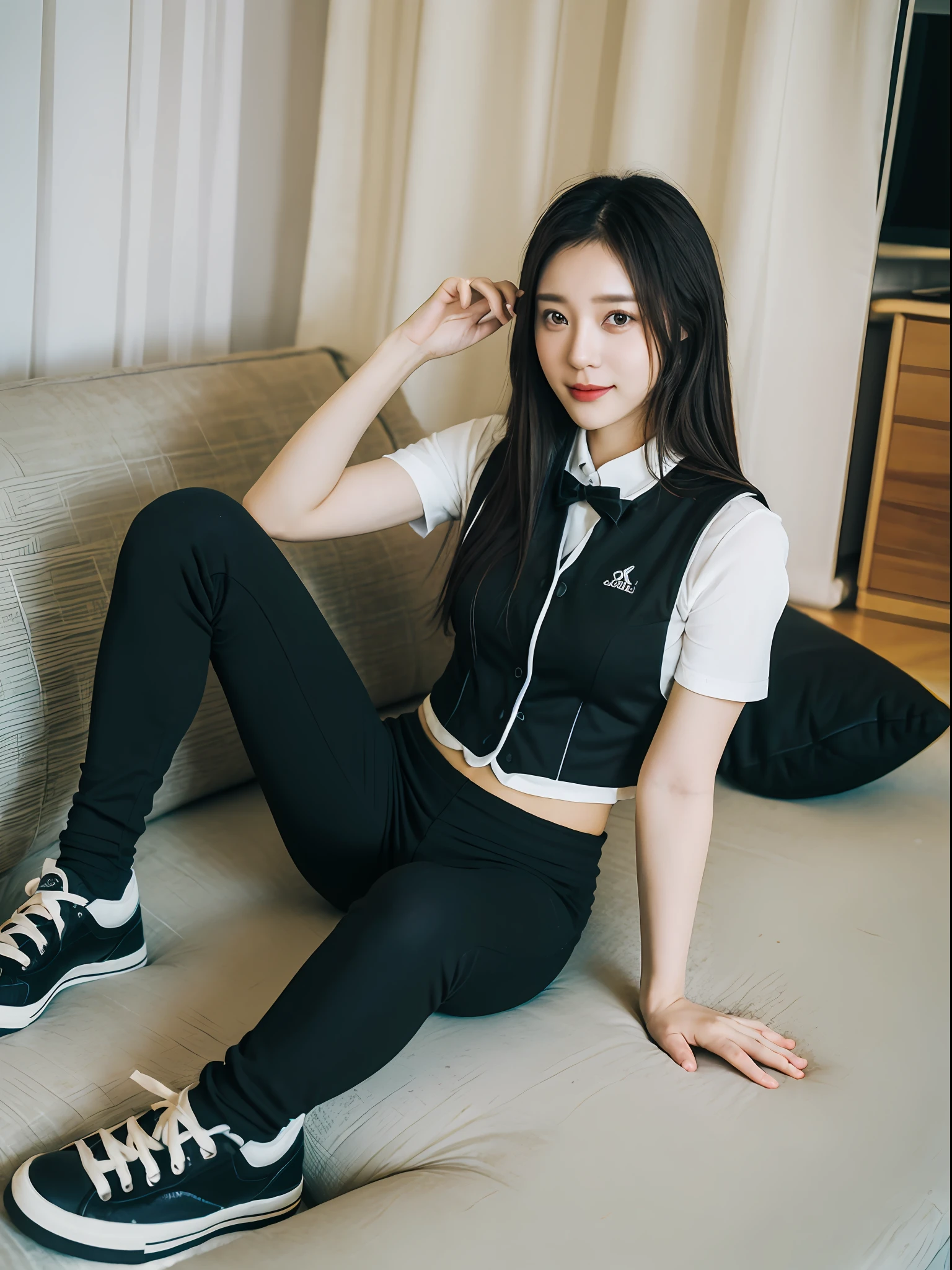 ((Best picture quality, 8K, tmasterpiece:1.3)),(1girll),Long hair with a shawl,Ultra-fine face,A detailed eye,ssmile,Small chest,Slender abs,The butt is upturned,((Black letter vest,Long black pants,black sock,black sneaker shoes,The legs are long and thin,a variety of poses,Lying on the sofa,There are books in front of the sofa,Behind the sofa are curtains)),