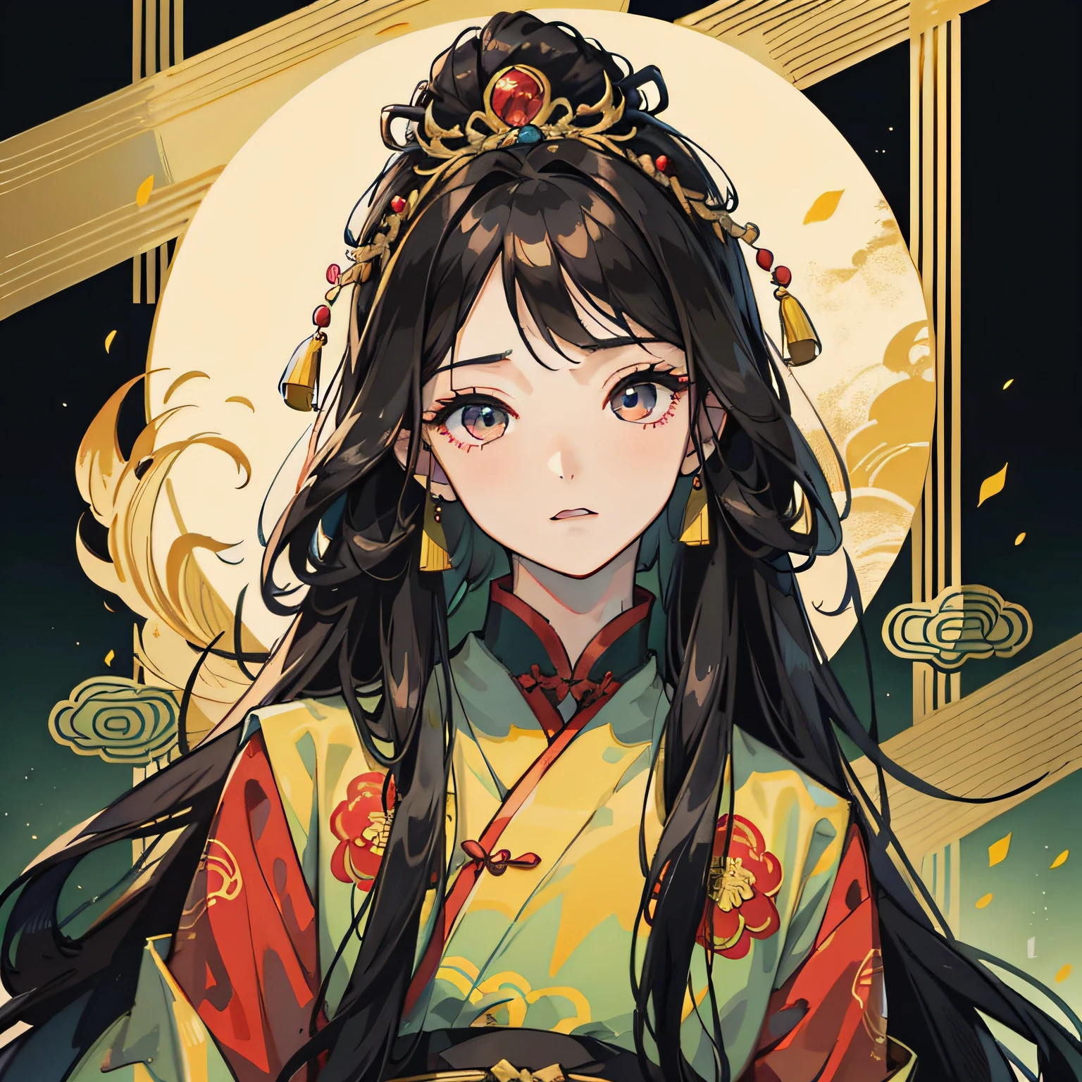 16k,hyper HD,Two-dimensional style,Classical Chinese men,Long black hair,Big eyes dark and bright,Wearing beautiful Hanfu,Face forward,Wear gorgeous blonde hair ornaments on your head,Height 195cm,Handsome and compelling。