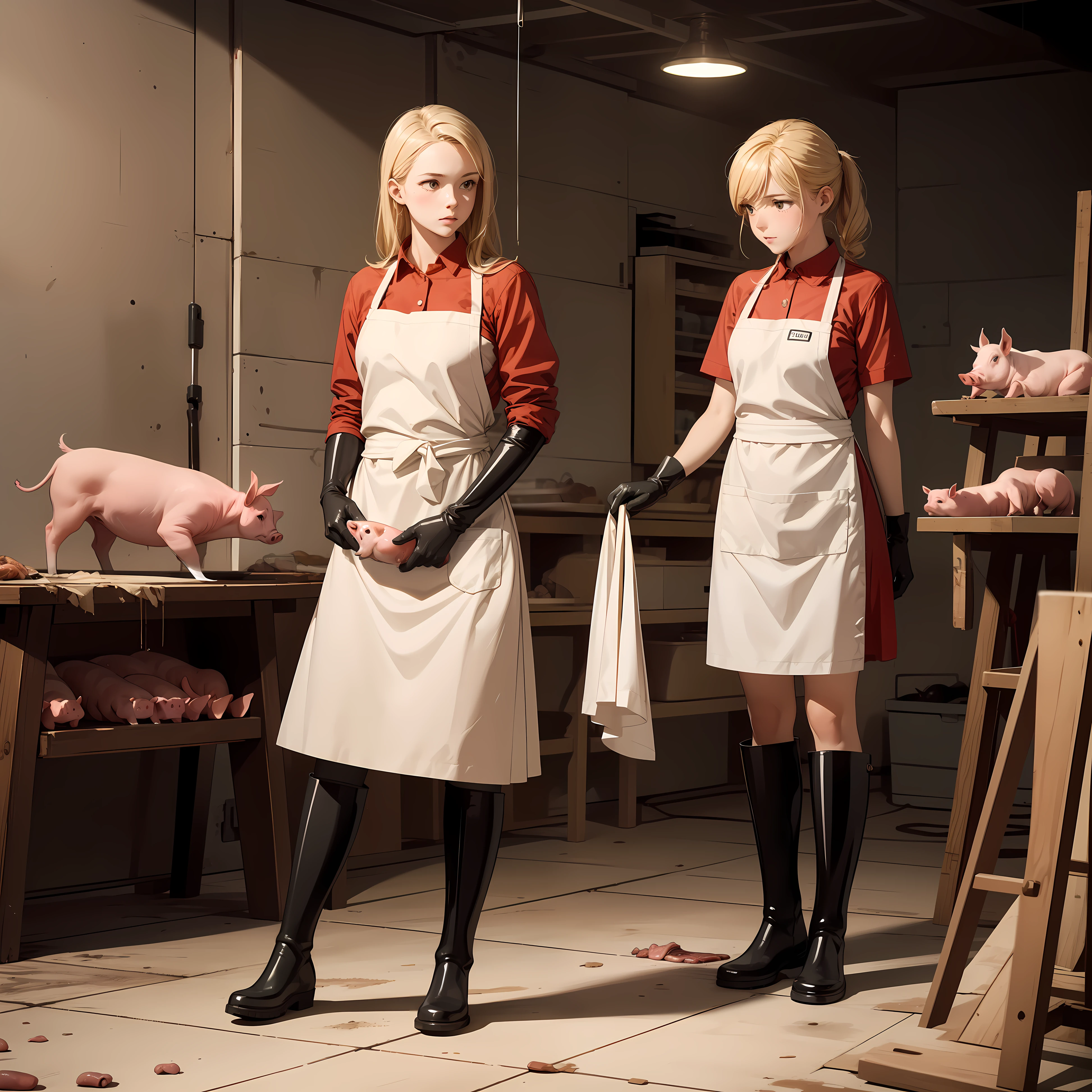 Livestock killing farms,anatomically,Pig hanging on a hook,　offal scattered on the floor,,　Beautiful blonde girl dissecting. Shoulder-length rubber gloves, Rubber Apron,Dirty rubber boots,White knee-length rubber boots,Stand and look down, Small dissecting knife,Condescending pigs,Drawing from below,Stand and look down, Full body view from below,