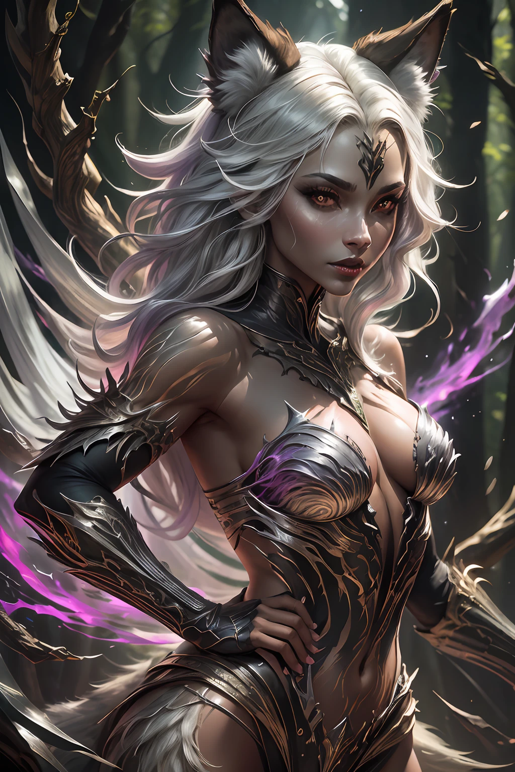 female body wolf, purple fur, long silver claws, arms outstretched, howl humain face, black skin, pink eyes, pink lips, prominent silver canine --auto --s2