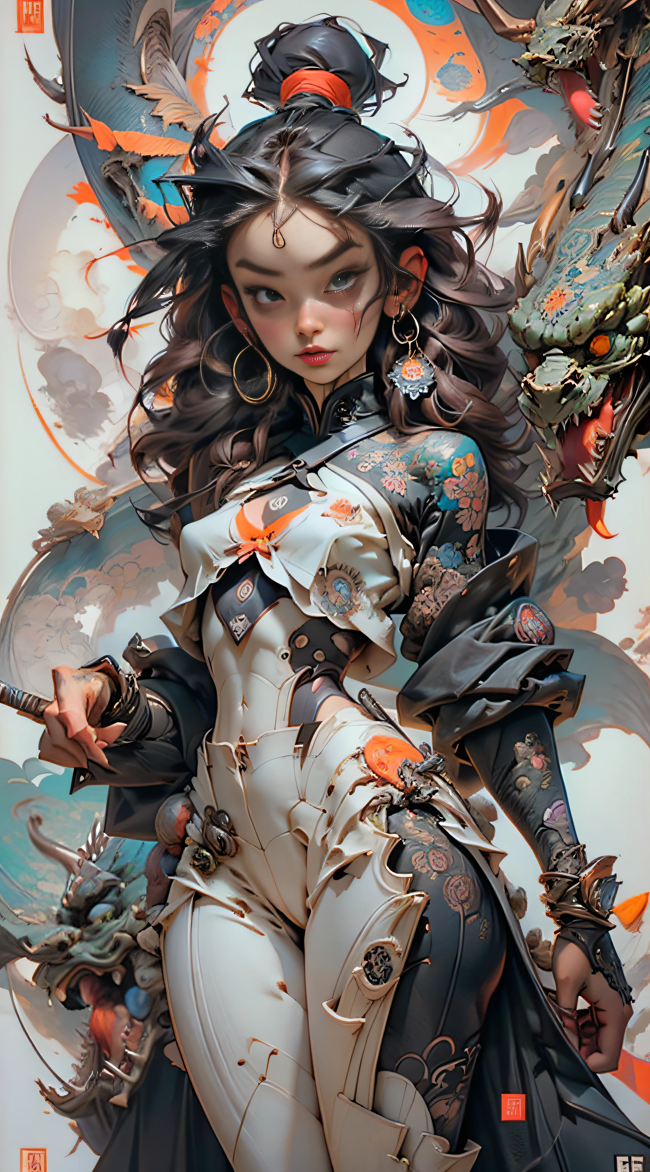 swordsmen,vectorial art,1ebony woman with tattoos,brunette color hair,white clothes,Super colorful,luminous colorization,sharp,cinematic ligh,degrees of freedom,35mm,Pintula glows,(FashionMagCover:1.2),Abstract shapes,Sharp and detailed,(1 beautiful girl),mandalas,butterflys,(Amazing visual design:1.2)