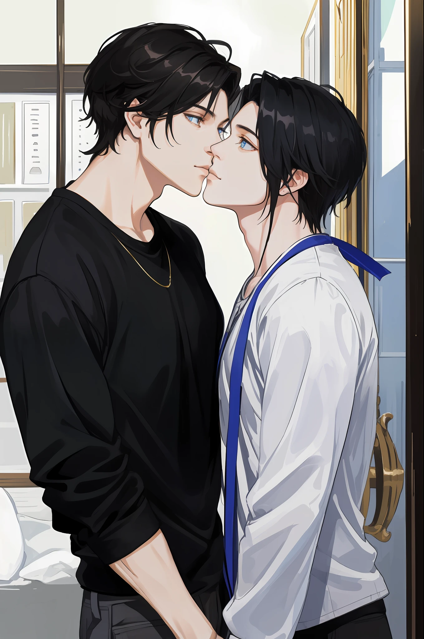 ​masterpiece, top-quality, realisitic, Young men２name, tall muscular, a handsome, Beautiful skins,Attractive and delicate eyes、stare at each other、Trying to kiss、 portraitures, extra detailed face, (Black hair), (Untidy hair), Casual clothing, blue open sky