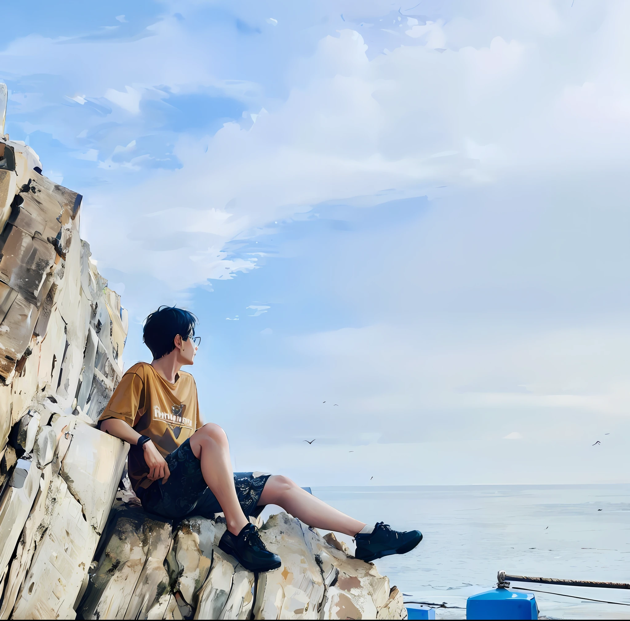 Handsome guys and beautiful women sitting on rocks by the sea looking out at the sea