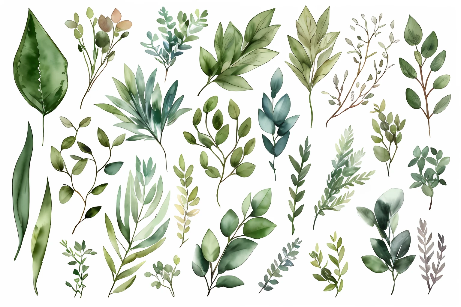 Various watercolors of green leaves and branches, botanic foliage, botanical watercolors, Green plants, verdant plants, detailed plants, detailed beautiful plants, leaves foliage and stems, green leaf, botanical background, leafs, wild foliage, hyperdetailed twigs and plants, High quality watercolor painting, aquarelle, branches and foliage, plants and trees, botanicals