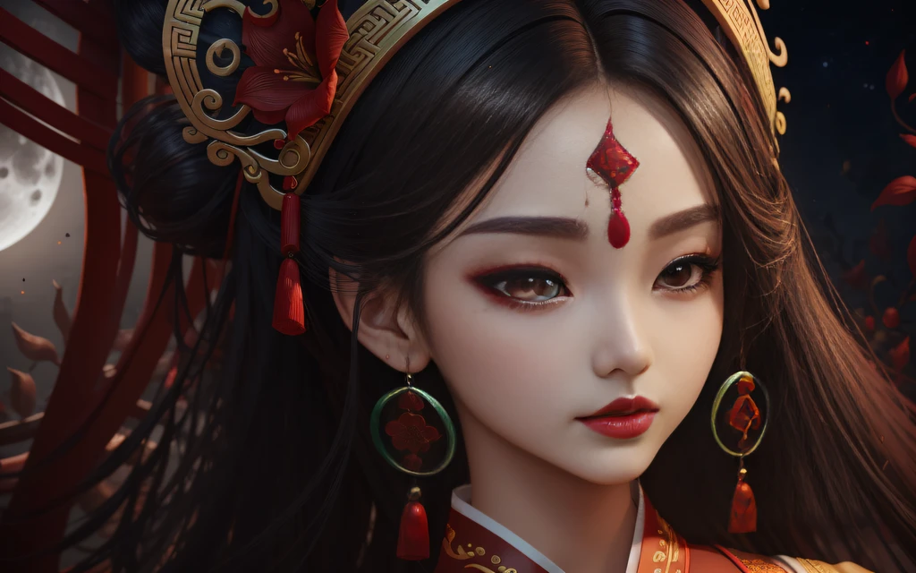 cabelos preto e longos,largeeyes,Red pupils,Red lips,tear-mole,Tamate,jade foot,Chinese style girl,Sister,Hanfu,big breasts enchanting,Hook the soul,ssmile,amaryllis,White moonlight,High-definition detailed drawings。 --auto