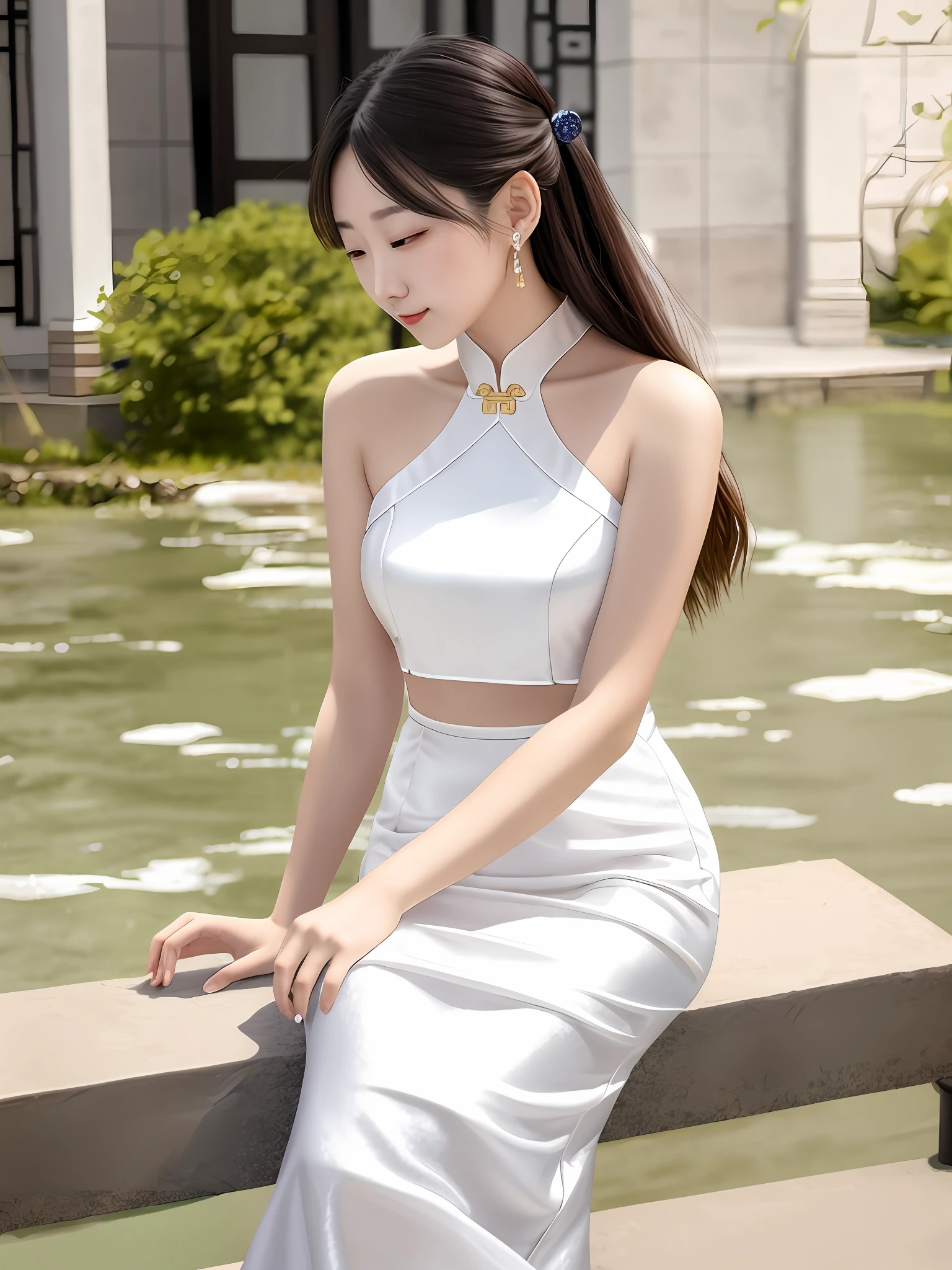 An Arad woman in a white dress sits on a stone platform, Cheongsam, Chinese dress, Chinese style, Traditional Chinese clothing, with acient chinese clothes, Chinese girl, Chinese traditional, Chinese woman, soft silk dress, Silk dress, Chinese costume, gorgeous chinese models, light half opened dress, Wearing ancient Chinese clothes, with a thin waist