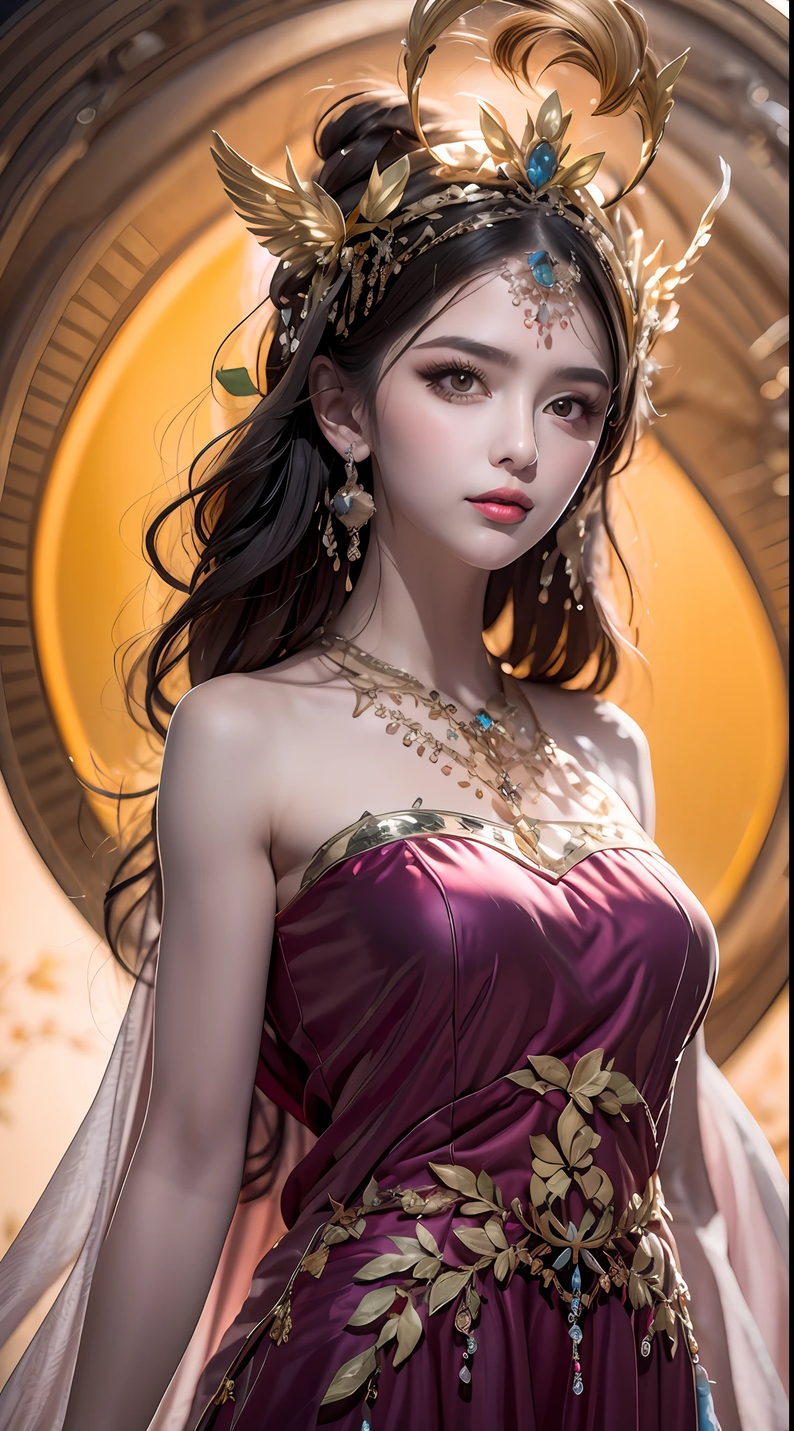 1 20 year old girl, 1 goddess Athena, pink purple silk dress, beautiful goddess Athena face without blemishes, delicate yellow nightgown, long thin sequin nightgown with many sexy black lace details, female saint legend, female saint icon, beautiful goddess style glitter, dark and mysterious version, small proportioned goddess crown, vermilion lips, delicate and beautiful pino detailing, delicate and beautiful lip detail, , (pure and flawless face: 1.9), female saint body, round chest, big and round breasts, phoenix brooch, long flat bangs, (7-color rainbow hair: 1.9), beautiful clear face and well-proportioned eyes, (transparent yellow eyes: 1.8), (big round eyes and makeup, very beautiful and meticulous hair makeup, long and delicate blonde hair, delicate, body image: 1.8), figure: and vivid, (stars that make up the sky: 1.7), (the sky of heaven and the fictitious gate of time and space: 1.8), fictional art, RAW photos, hanfu photos, best photos, high resolution, best quality, best photos, best goddess quality, 8k female, super 8 single saint portraits, truest color schemes, masterpieces, best beauty brands, best hair jewelry, brand real photo, dark studio, border light, two-tone lighting, (rose white skin: 1.4), (high skin detail: 1.1), 8k uhd, d slr, soft light, 8k, high quality, candid, volume Smooth and sharp, 10x pixel increase, sexy goddess, sexy goddess, (background space: 1.8), (most beautiful aurora eyes: 1.7), beautiful eyes, aurora beautiful and flowery, (beautiful single girl: 1.8), (single girl: 1.8),
