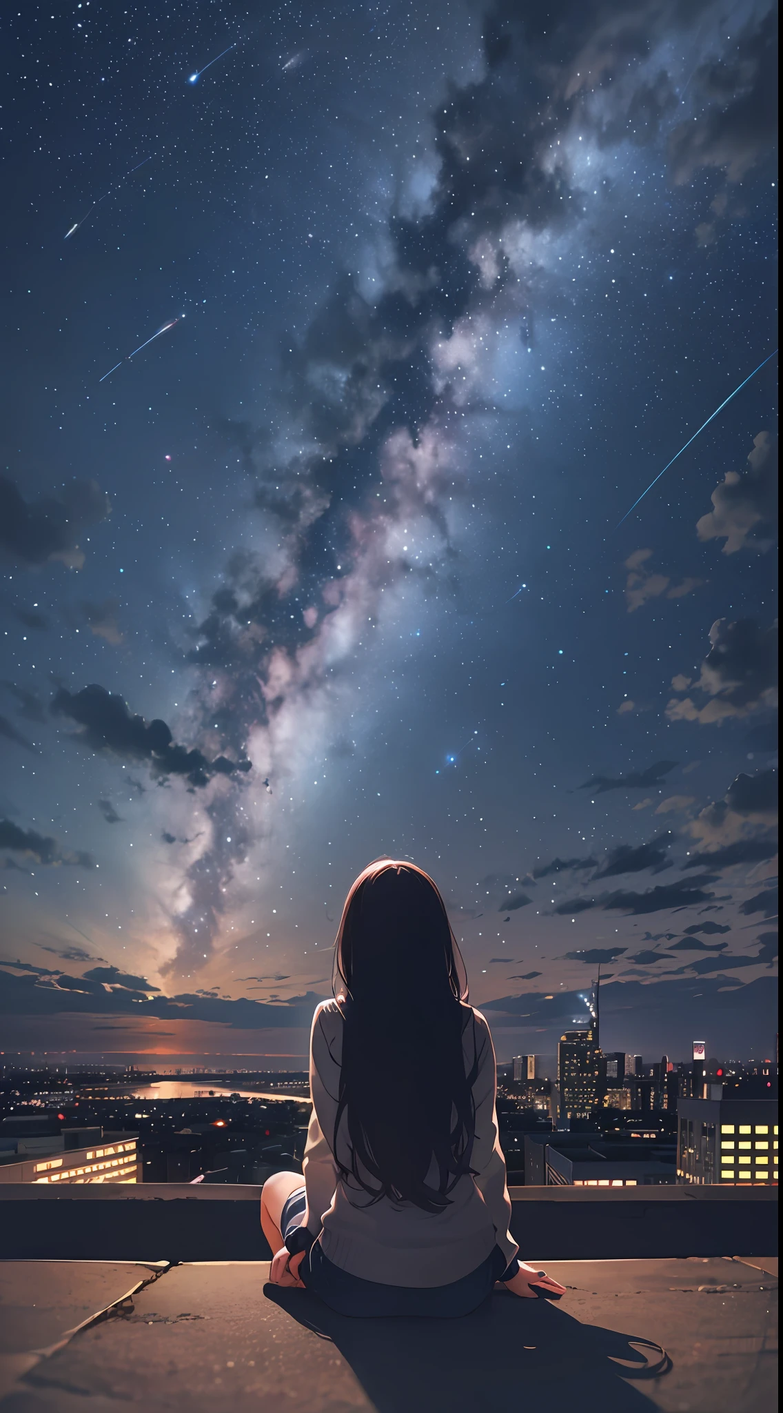 A woman sitting on a ledge looking at the night sky - SeaArt AI