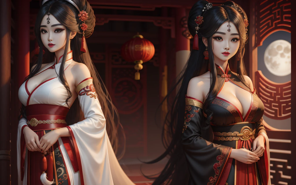 cabelos preto e longos,largeeyes,Red pupils,Red lips,tear-mole,Tamate,jade foot,Chinese style girl,Sister,Hanfu,big breasts enchanting,Hook the soul,ssmile,amaryllis,White moonlight,High-definition detailed drawings。 --auto
