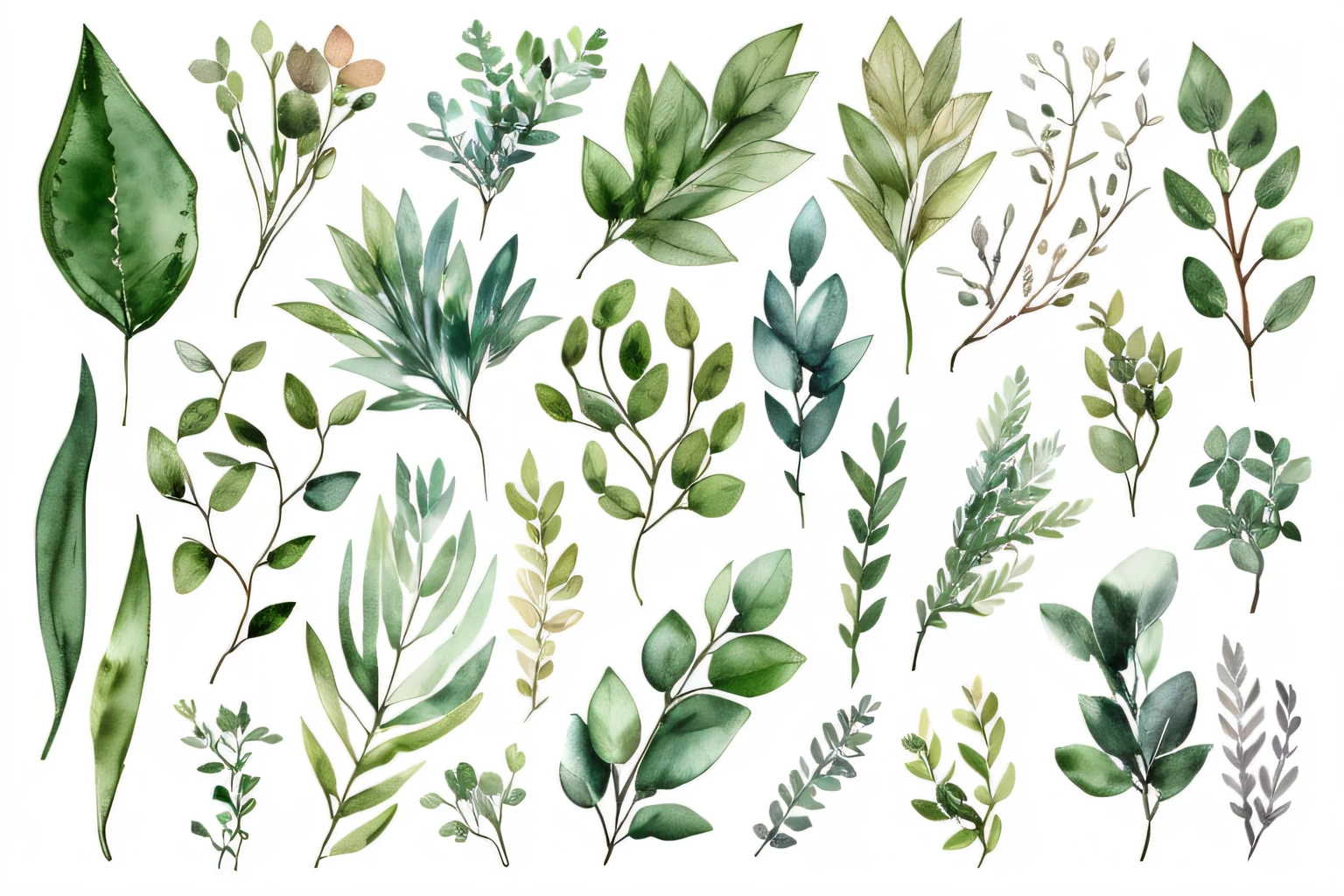 Various watercolors of green leaves and branches, botanic foliage, botanical watercolors, Green plants, verdant plants, detailed plants, detailed beautiful plants, leaves foliage and stems, green leaf, botanical background, leafs, wild foliage, hyperdetailed twigs and plants, High quality watercolor painting, aquarelle, branches and foliage, plants and trees, botanicals