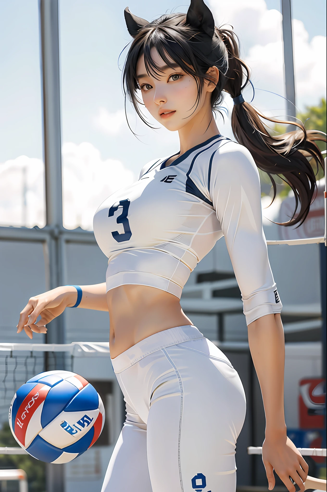 tmasterpiece:1.2,best qualtiy),realisticlying,(Real pictures,Complicated details,depth of fields),Play volleyball(1girll,独奏),with fair skin,Delicate,IU,lips parted,highly details,s the perfect face,( Big breasts Thin waist, horse tailed, (Girl playing volleyball, white volleyball suit,shorter pants)