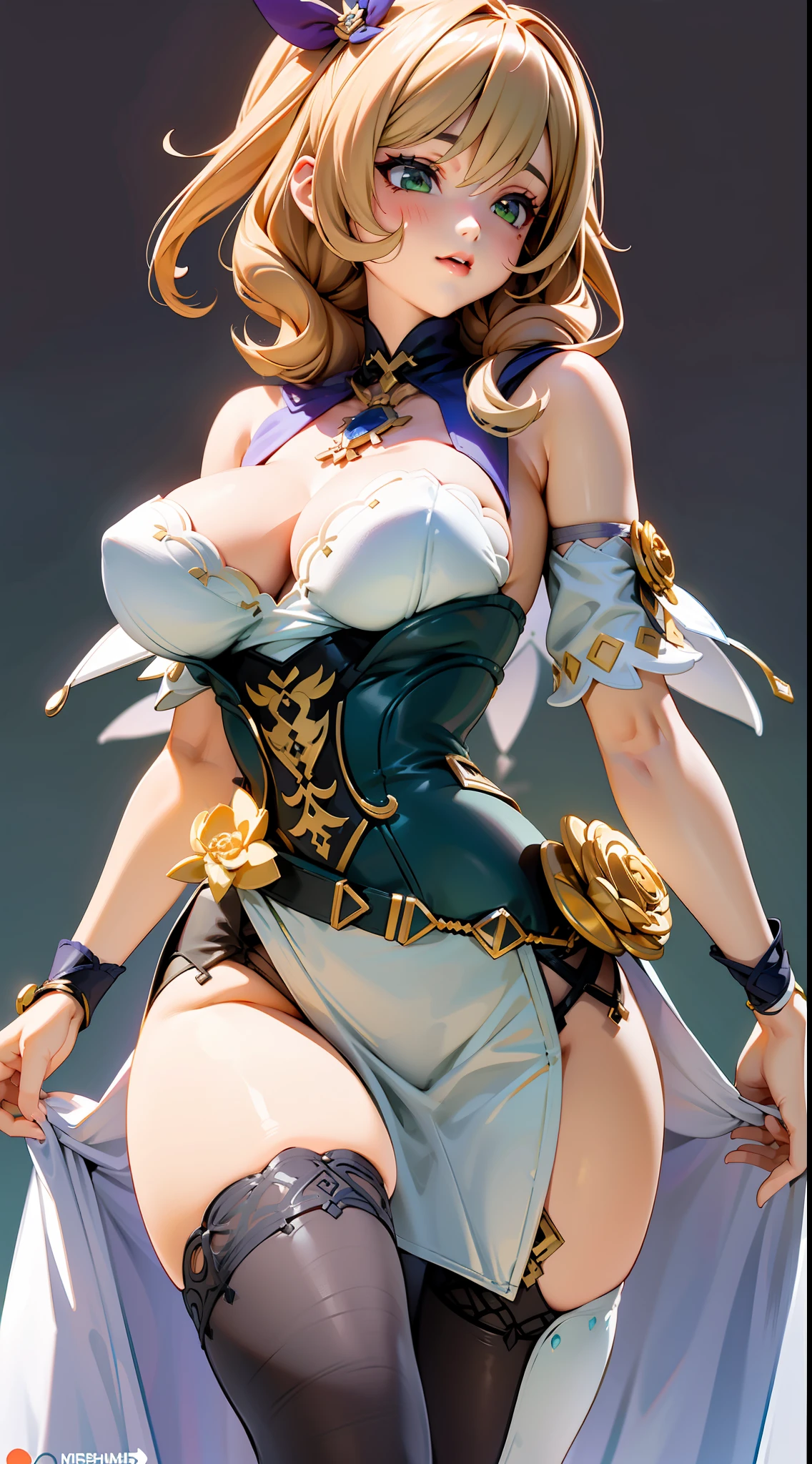 Lisa(Genshin Impact),Solid green premium comic background,Expose abs,Slim figure,cropped shoulders,huge tit,White dress at the bottom,Mesh garment,Fleshy thighs,Below the waist are mesh stockings,Masterpiece,hyper-detailed face,Deep rendering