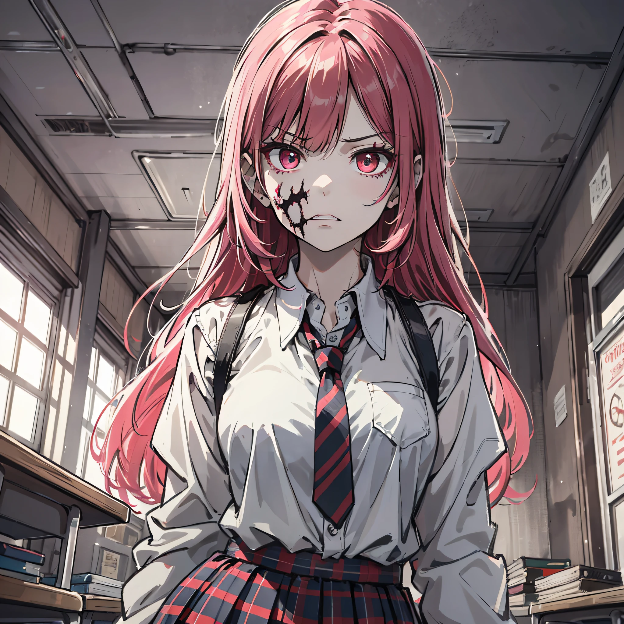 Ridiculous resolution，A high resolution，（tmasterpiece：1.4），Hyper-detailing，Pink Long Hair, 1girll, dual horsetail, Solo, red color eyes, Angry, white necktie, Pleated plaid red skirt, school uniform, Zombie role-playing，schools，inside a classroom，Zombie Doom，Zombie outbreak