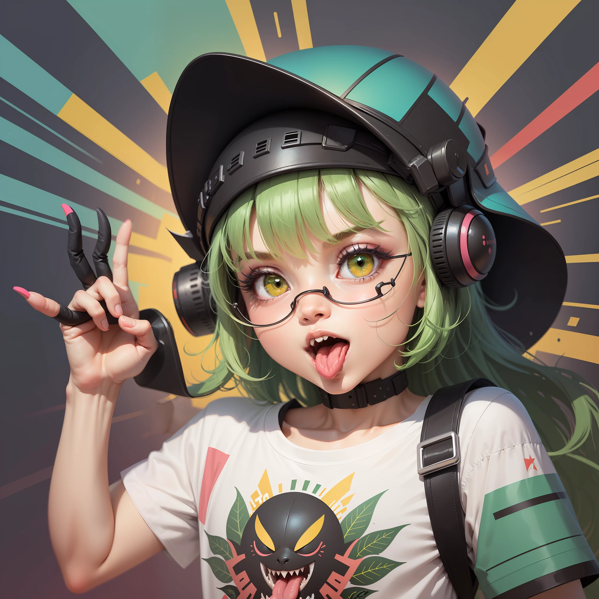 (((flat vector art))), (T-SHIRT DESIGN), colorful, ((ready to print)), (fantasy), (detailed), dark magic, fantasy art, Adobe Illustrator, a neon green-colored alien 👽, with a funny mocking expression on it’s face, sticking out a long multi-colored tongue 👅